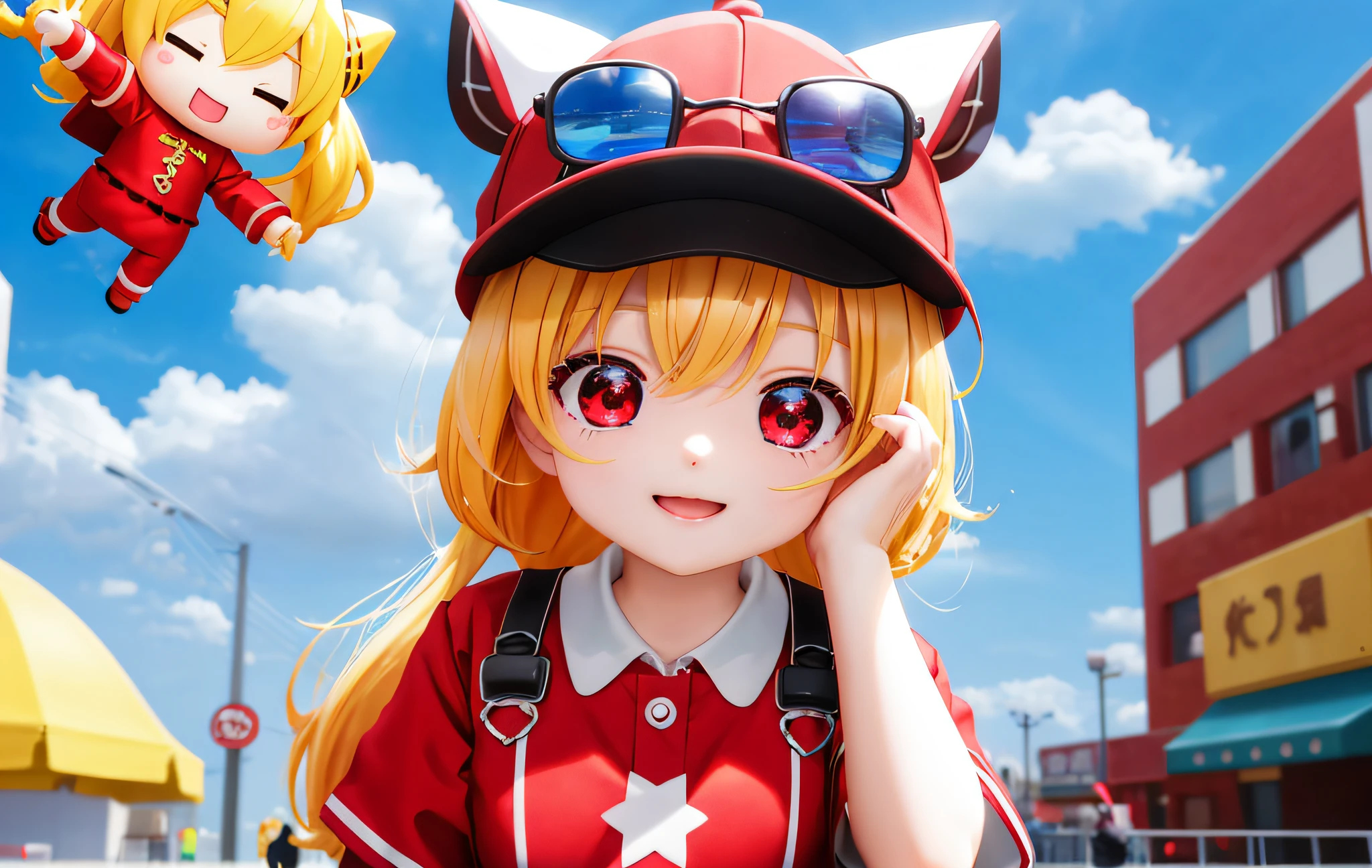 Pop Mart Blind Box IP、Close up of cute red knight doll、Young One Angel Style、Wear longer, Dress fluently、Lop style、Poseline doll、Little people々々々。unreal enginee 5、Light 3D/C4D production: 8K HD quality/illuminating/Ultra-fine lens description 1.5、flawless、Chibi Background/Cinematic。