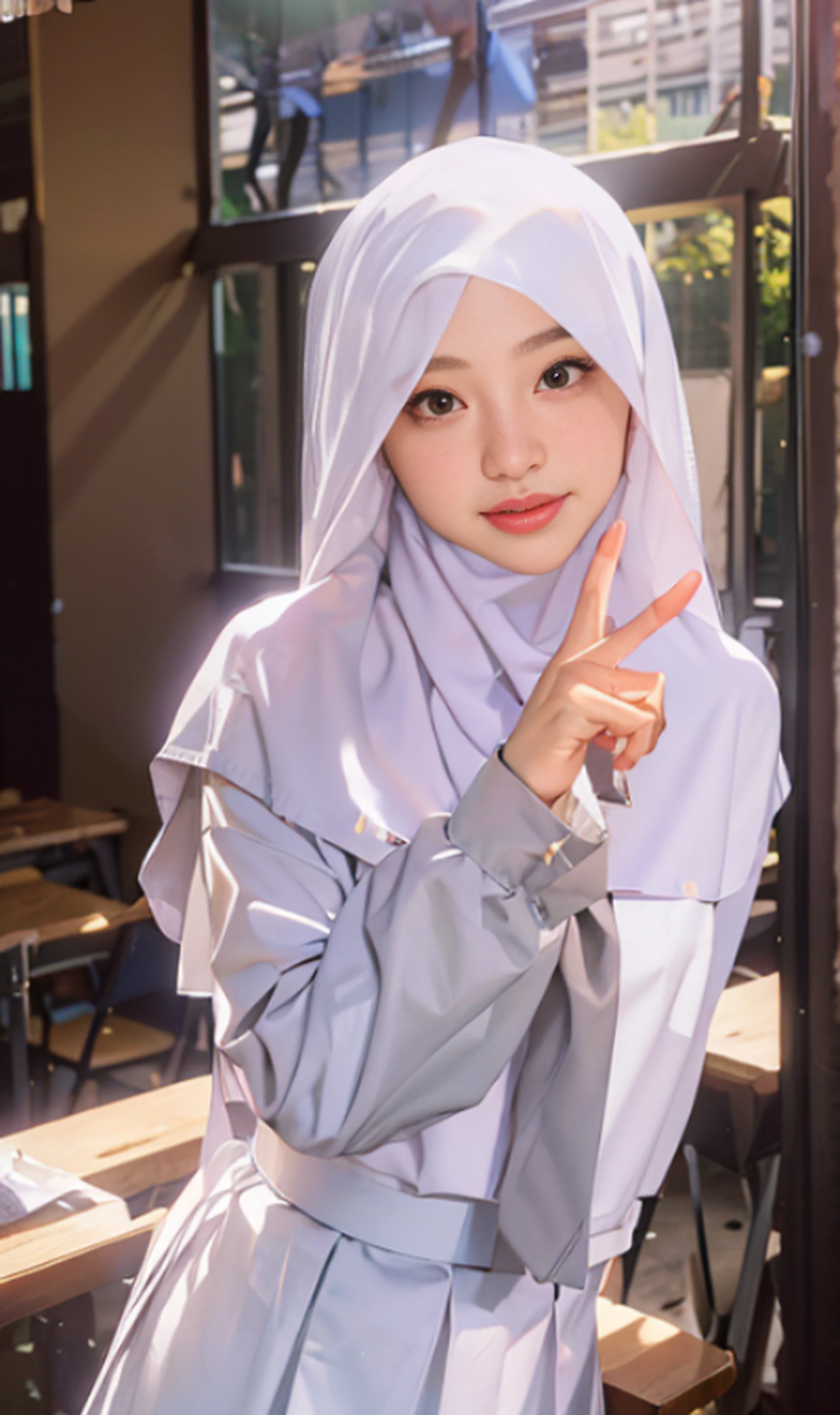 masterpiece, best quality, 8k, 85mm portrait, absurdres, beautiful girl, (upper body:1.4), cute, street,white shirt, (white shirt, long sleeve,grey skirt, plain skirt, grey tie:1.2),(head covered hijab, islamic hijab, white hijab:1.1,silk clothes) shoulder covered,(Indonesia, jakarta:0.7), natural makeup,ulzzang,, perspective, depth of field, ultra realistic, highres, photography, sharp focus,,HDR, facelight, dynamic lighting, highest detailed, extreme detailed, ultra detailed, finely detail, real skin, delicate facial features,v sign,finger v,classroom,