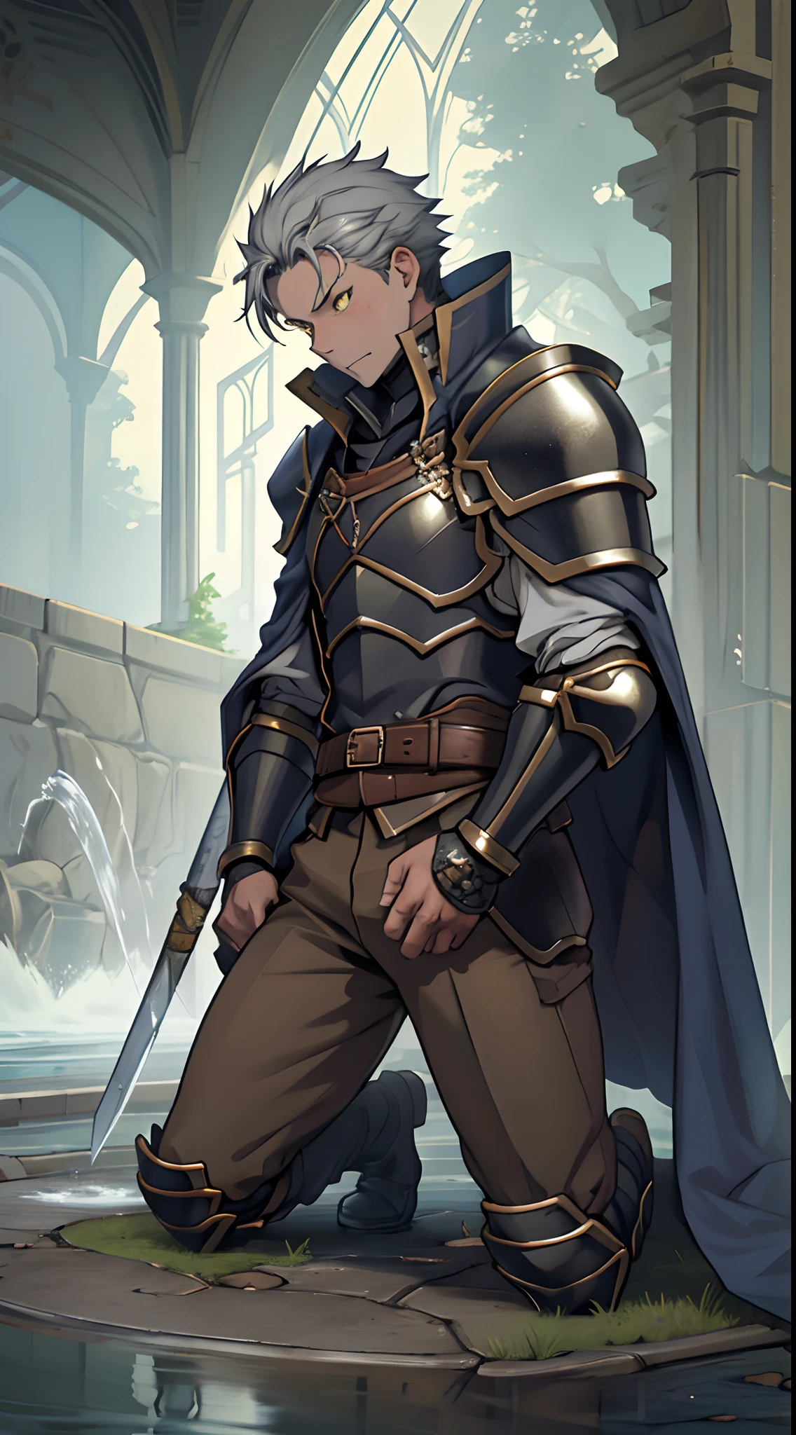 (1 Adult male),A high resolution, Sharp focus, Pixiv masterpiece, ((Complicated details)), highly detailed, natsuki_subaru, 1 man,Wear tight combat uniforms,Wear armor,perfect male figure,Urine on the trouser leg, Nervously bow your head,is shy,embarressed,exhilarated,is shocked,panicking,worry,A pool of urine formed around him,Very eager to pee,Unbearable,Wet yourself,Urine discharge,full bodyesbian,kneels on the ground,Tired,decadent, Yellow eyes(eyes glowing), Short gray hair,Armour,Tie a belt,Cloaked,Cloak,Shoulder armor,perspire,Drenched,Get wet,pissing,urine flows down the pants,look from down