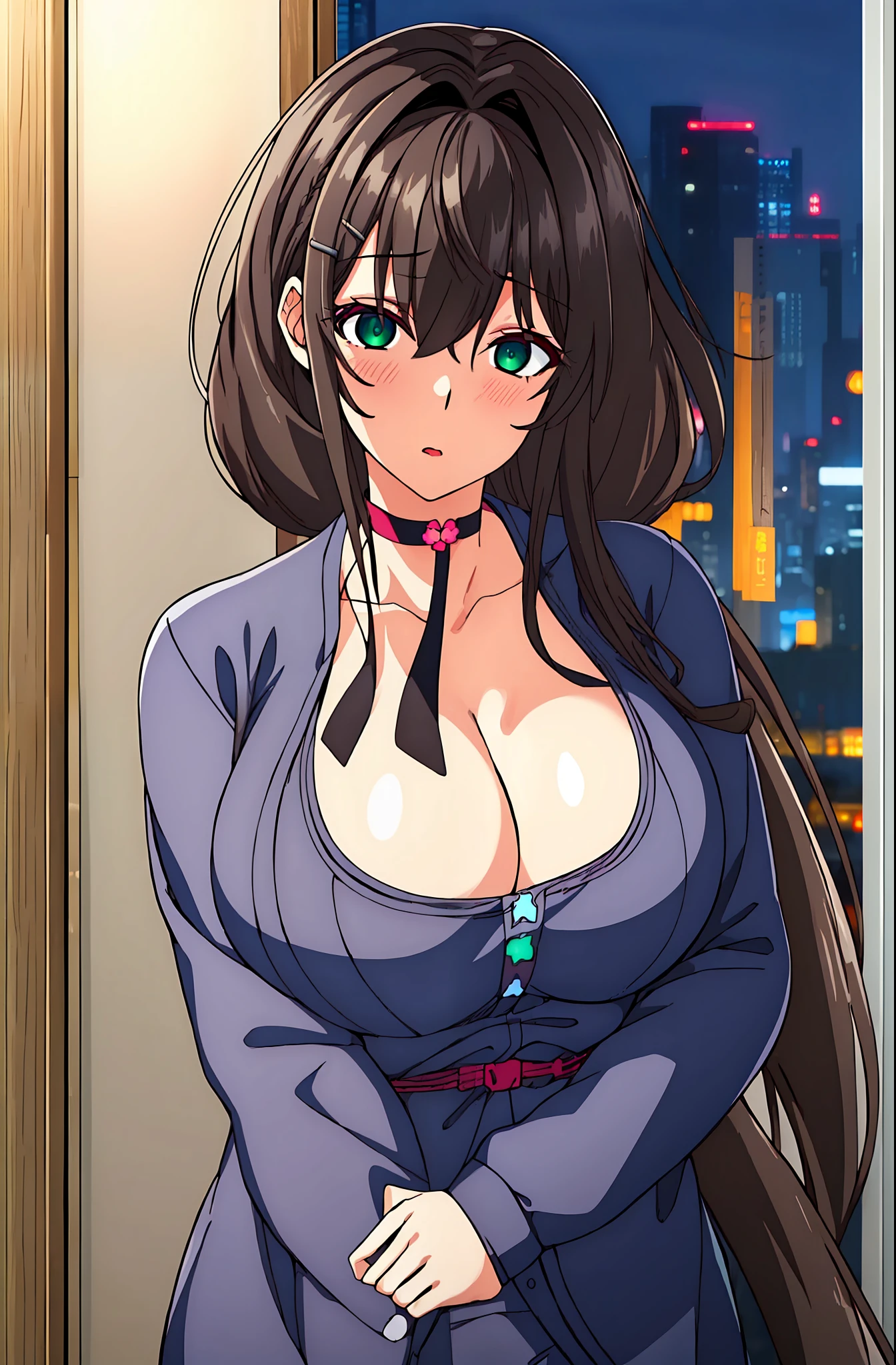 (Night:1.7), Japan, cyberpunk, CityView, Before Window,wooden floor,
Standing at attention,
Blue Jacket, Grey Shirt, collarbone, deep cleavage, Black choker,
jewelry,gem,bangs, Brown Hair, Green Eyes, Braid,long hair, low ponytail, a bow tie,hair ornament, hairclip,
1 girl, 20yo,Young female,Beautiful Finger,Beautiful long legs,Beautiful body,Beautiful Nose,Beautiful character design, perfect eyes, perfect face,expressive eyes,
looking at viewer, in the center of the image,(Upper_body),(Focus on her face),
official art,extremely detailed CG unity 8k wallpaper, perfect lighting,Colorful, Bright_Front_face_Lighting,shiny skin,
(masterpiece:1.0),(best_quality:1.0), ultra high res,4K,ultra-detailed,
photography, 8K, HDR, highres, absurdres:1.2, Kodak portra 400, film grain, blurry background, bokeh:1.2, lens flare, (vibrant_color:1.2)
(Beautiful,Breasts), (beautiful_face:1.5),(narrow_waist),