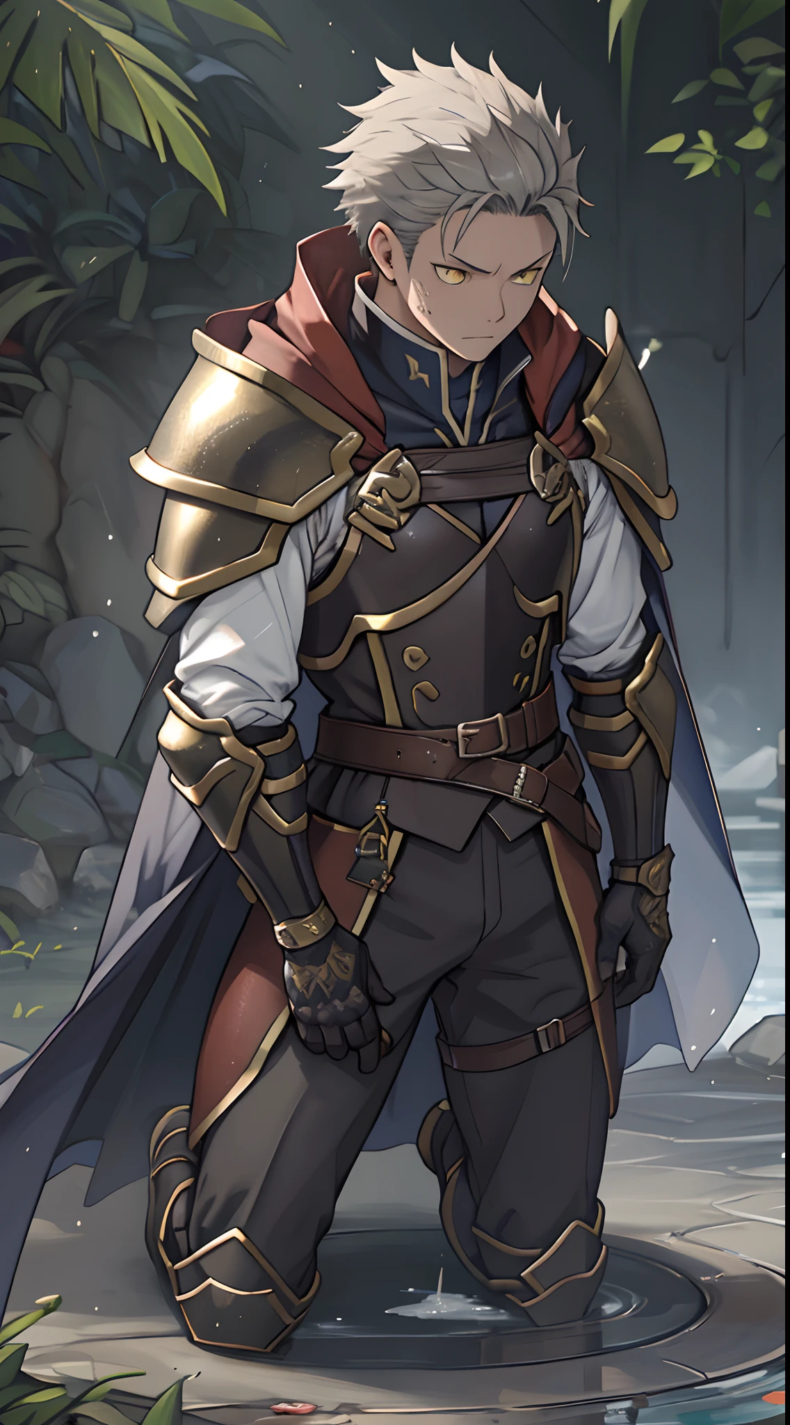 (1 Adult male),A high resolution, Sharp focus, Pixiv masterpiece, ((Complicated details)), highly detailed, natsuki_subaru, 1 man,Wear tight combat uniforms,Wear armor,perfect male figure,Urine on the trouser leg, Nervously bow your head,is shy,embarressed,exhilarated,is shocked,panicking,worry,A pool of urine formed around him,Very eager to pee,Unbearable,Wet yourself,Urine discharge,full bodyesbian,kneels on the ground,Tired,decadent, Yellow eyes(eyes glowing), Short gray hair,Armour,Tie a belt,Cloaked,Cloak,Shoulder armor,perspire,Drenched,Get wet,pissing,urine flows down the pants,look from down