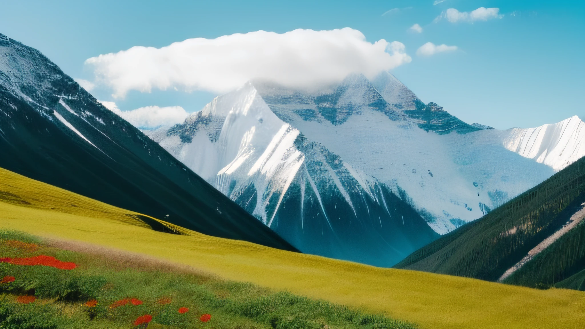 white backgrounid，mountain peaks，The top of the mountain is covered in snow and ice，There are green vines in the middle of the mountain，There are red flowers on the mountain
