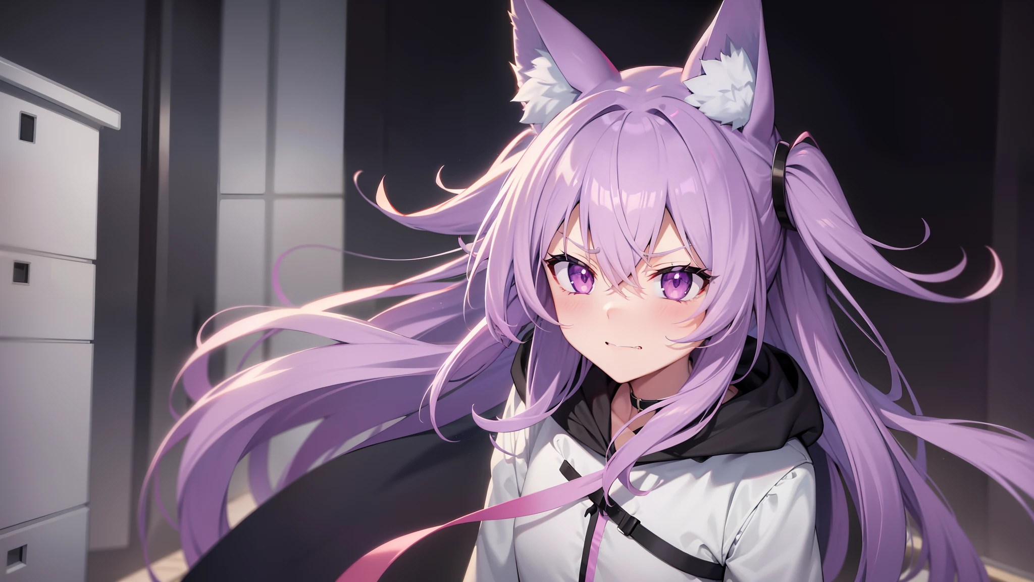 Light purple hair, An anime girl, Light blue hair, hair over shoulders, Hood, Hair ribbon, Fox ears, Angry, Shy, mouth hold, cheekpinching, torogao, Tsundere, Angry, romanticism lain, Cinematic lighting, Ray tracing, hyper HD, ccurate, Anatomically correct, Textured skin, High details, A high resolution, Best quality, Super detail ，Open your mouth slightly