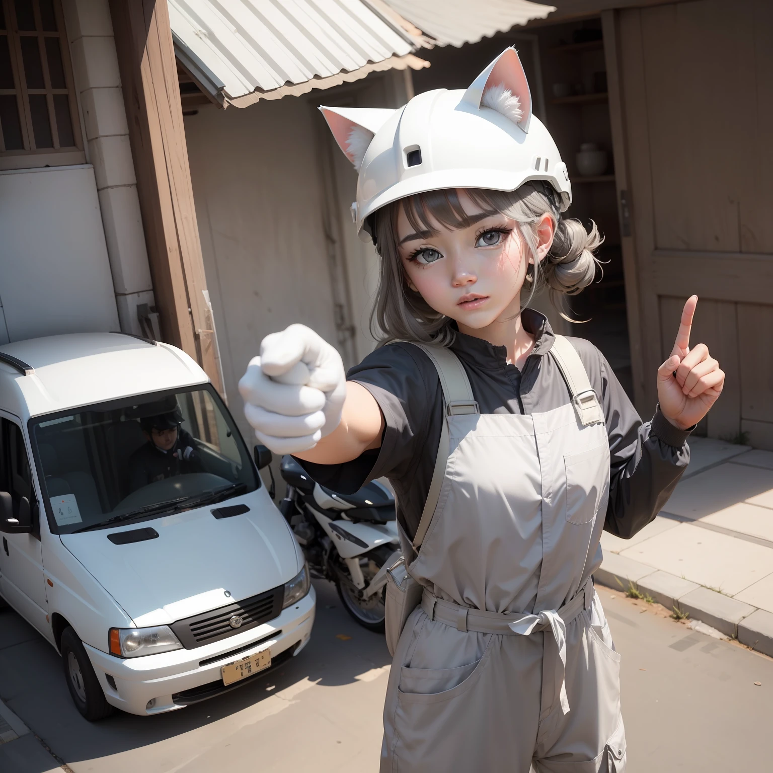 1cat、Scene cat、Wear a white helmet、Gray hairs、Pointing confirmation、good!