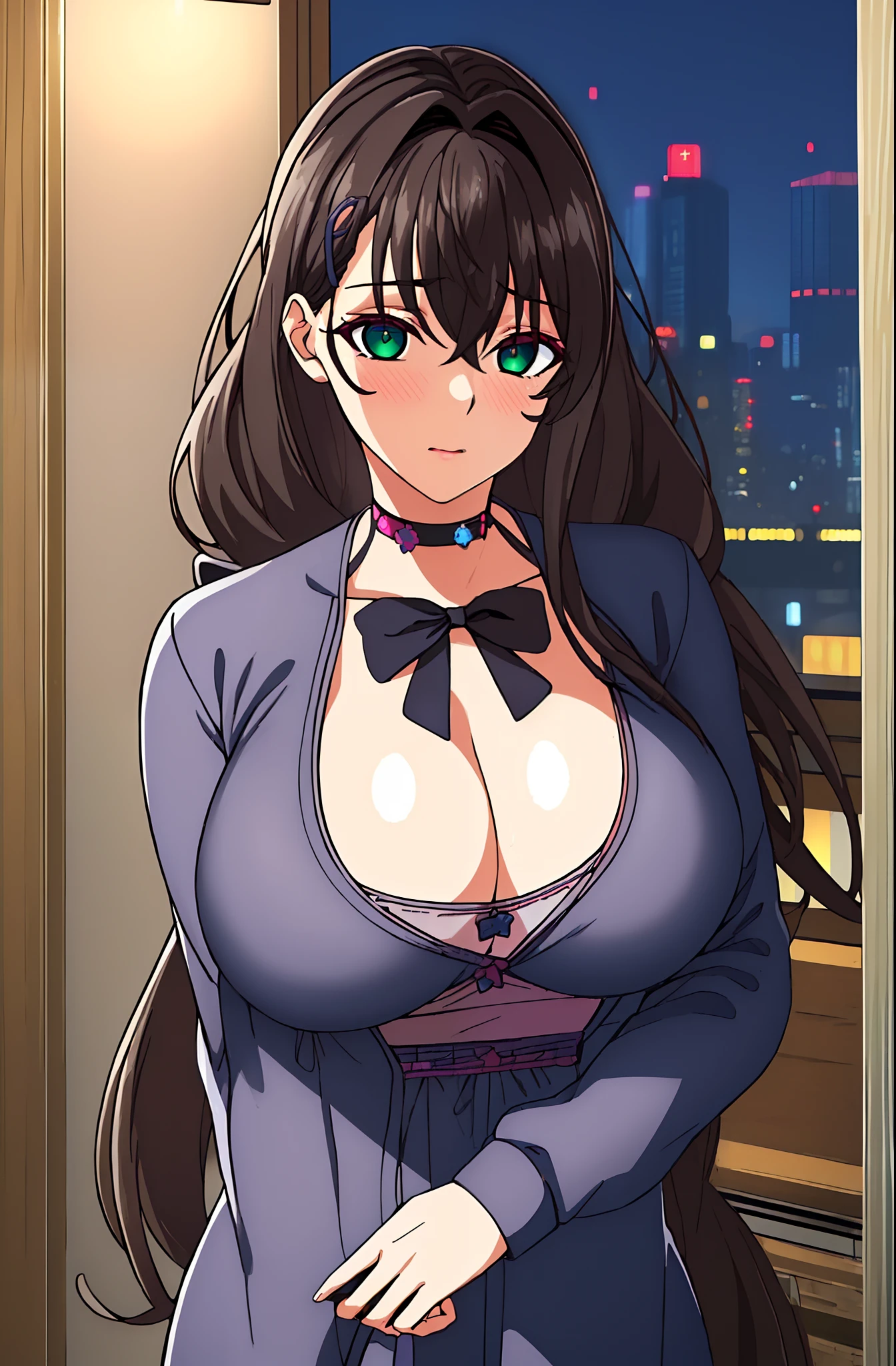 (Night:1.7), Japan, cyberpunk, CityView, Before Window,wooden floor,
Standing at attention,
Blue Jacket, Grey Shirt, collarbone, deep cleavage, Black choker,
jewelry,gem,bangs, Brown Hair, Green Eyes, Braid,long hair, low ponytail, a bow tie,hair ornament, hairclip,
1 girl, 20yo,Young female,Beautiful Finger,Beautiful long legs,Beautiful body,Beautiful Nose,Beautiful character design, perfect eyes, perfect face,expressive eyes,
looking at viewer, in the center of the image,(Upper_body),(Focus on her face),
official art,extremely detailed CG unity 8k wallpaper, perfect lighting,Colorful, Bright_Front_face_Lighting,shiny skin,
(masterpiece:1.0),(best_quality:1.0), ultra high res,4K,ultra-detailed,
photography, 8K, HDR, highres, absurdres:1.2, Kodak portra 400, film grain, blurry background, bokeh:1.2, lens flare, (vibrant_color:1.2)
(Beautiful,Breasts), (beautiful_face:1.5),(narrow_waist),