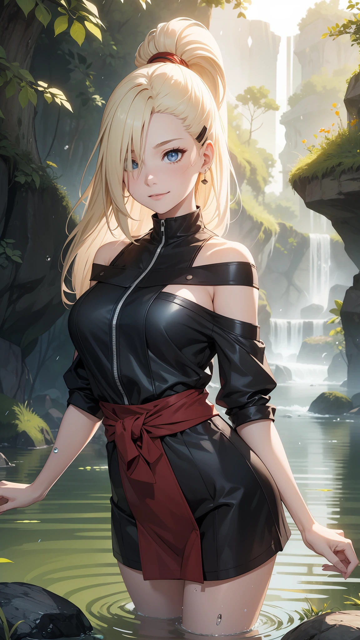 Masterpiece, Best quality, Koh Samui, black kimono, cleavage, vambraces, Cowboy shot, emotive, rock formations,salama,Frontal photo