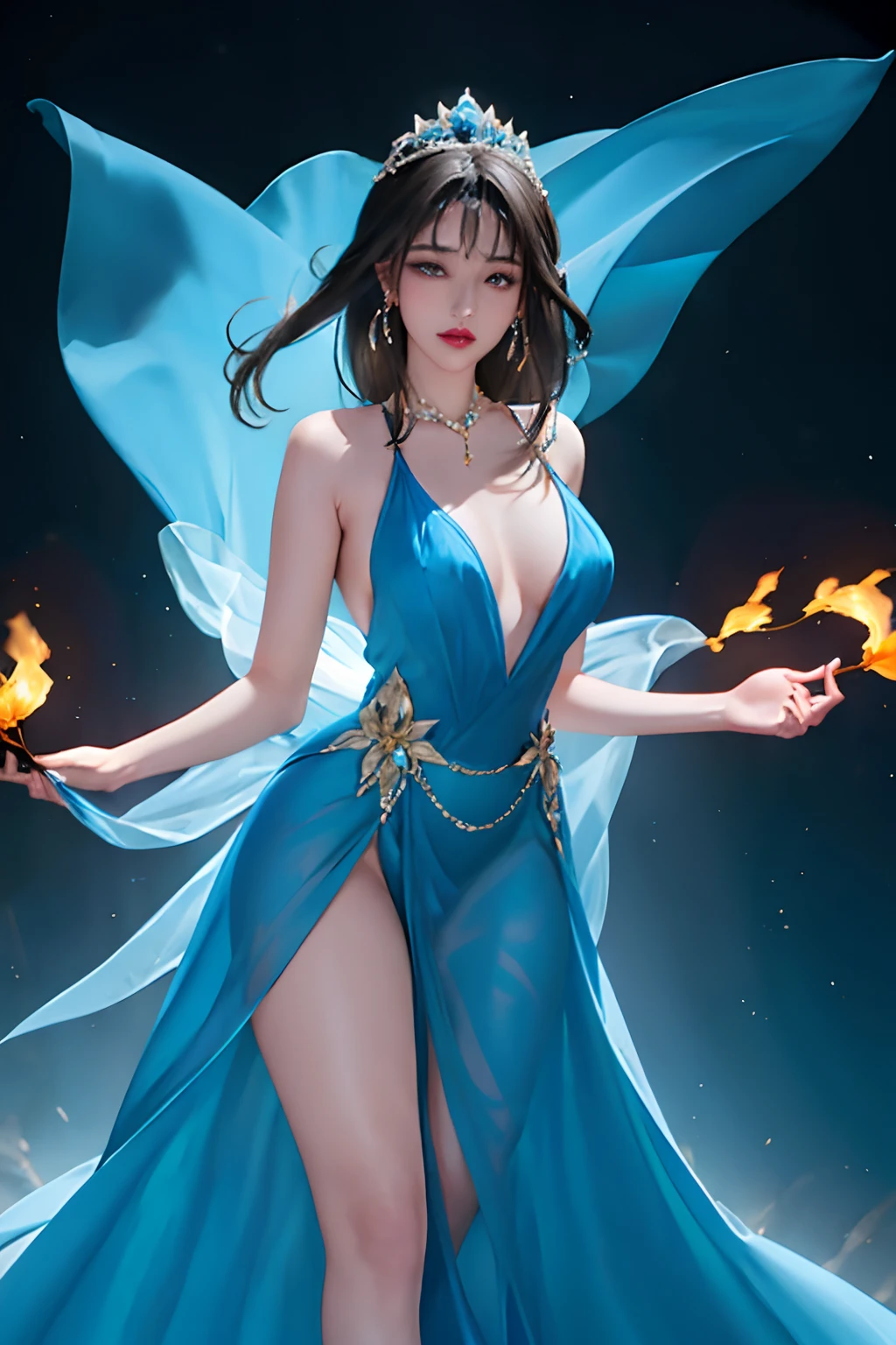araffe princess in a blue dress, crown, sexy legs, blue lotus in hand, background sea of fire, sexy gown,sexy dress, opened dress, translucent dress, she is wearing a blue dress, tall thin beautiful goddess, elegant posed, stunning elegant pose, captivating and enticing, revealing stylish dress, air blowing the dress, windy, black panties,