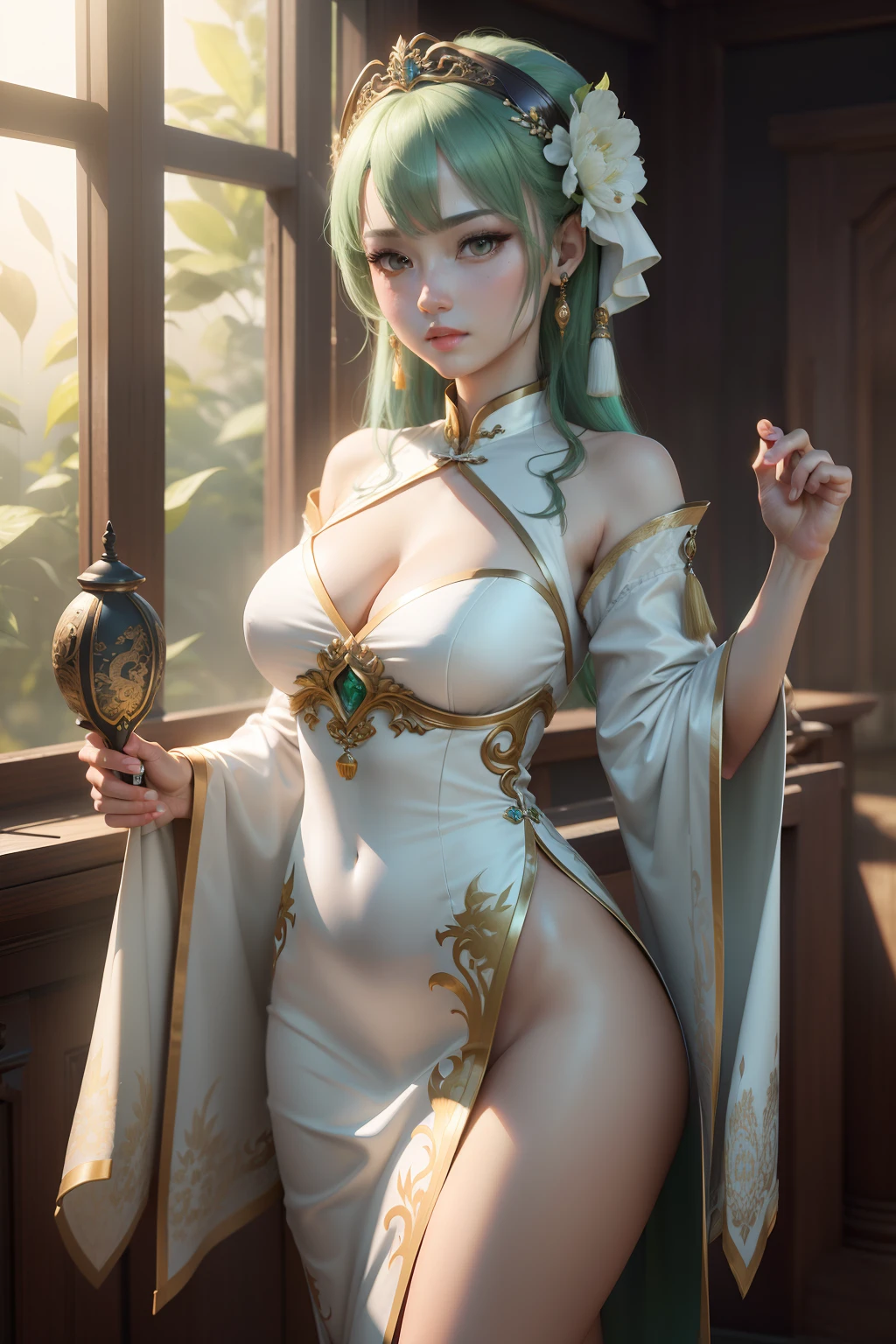 ((Best Quality)), ((Masterpiece)), (Details: 1.4), 3D, A Beautiful Female Figure, HDR (High Dynamic Range), Ancient Chinese Costumes, Satin Clothing, Feminine and Sexy, White Cheongsam, Green Hair Accessories, Tassel Earrings, Ray Tracing, NVIDIA RTX, Super-Resolution, Unreal 5, Subsurface Scattering, PBR Textures, Post Processing, Anisotropic Filtering, Depth of Field, Maximum Sharpness and Clarity, Multi-layer textures, albedo and specular mapping, surface shading, accurate simulation of light-material interactions, perfect proportions, Octane Render, two-color light, large aperture, low ISO, white balance, rule of thirds, 8K RAW, ultra-fine detail facial features, facial details, finger details