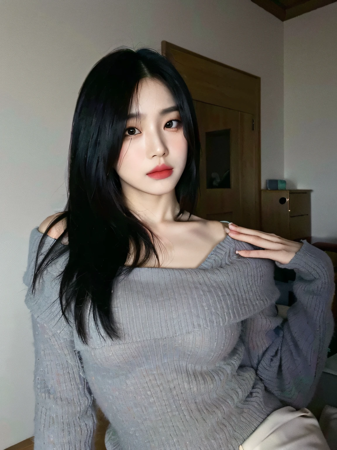 Ace, 4K, High Resolution, Masterpiece, Top Quality, Head: 1.3, (Korean K-pop Idol), Fine Skin, Sharp Focus, (Cinema Lighting), Clavicle, Morning, Soft Light, Dynamic Angle, [: (Detailed Face: 1.2): 0.2], Side Wrinkles, Thigh Gaps, Red Dress, Slim, Chest, Cleavage, Full Body,