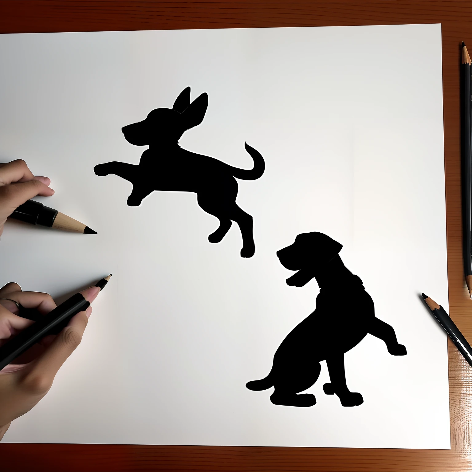 Drawing a puppy in a hunting pose, As a silhouette, With an illustrated artistic touch.