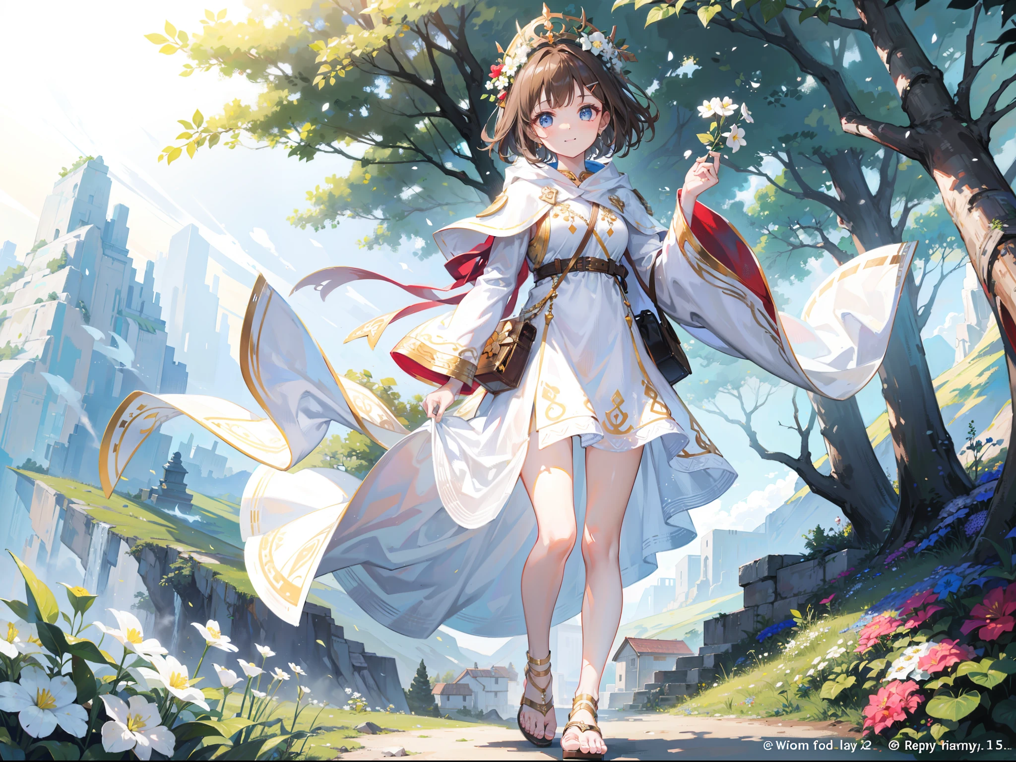 Beautiful girl with brown hair,Wear a white hooded tunic,Brown cape,Bare legged,Wear a circle of flowers and plants on your head,short detailed hair,Wear white hairpins,Standing among the sunny mountains and forests,With a bright and healing smile,Reach for the camera,Brown high-heeled sandals,Ruddy complexion,one eye wink,Wear a large bow on your head,Best quality at best,tmasterpiece