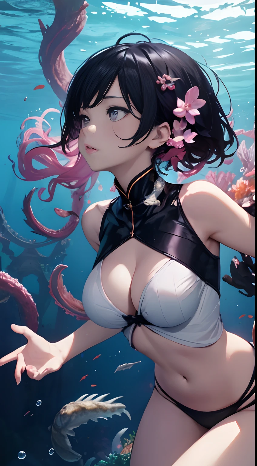 独奏、abyssal、the reef、Diving、maikurobikini、Black Hair Shortcut Hair、inner colored、August、fin、weightless、((top-quality、8K、​masterpiece:1.3))、1人の女性、long、underwater photo、underwater perspective、underwater perspective、Floating in water、breaststroke、cleavage of the breast、Face to feel、Rut、August、tentaculata、Floating feeling、Colossal tits、Lower grade、weightless、thick and long intertwined tentacles,、,