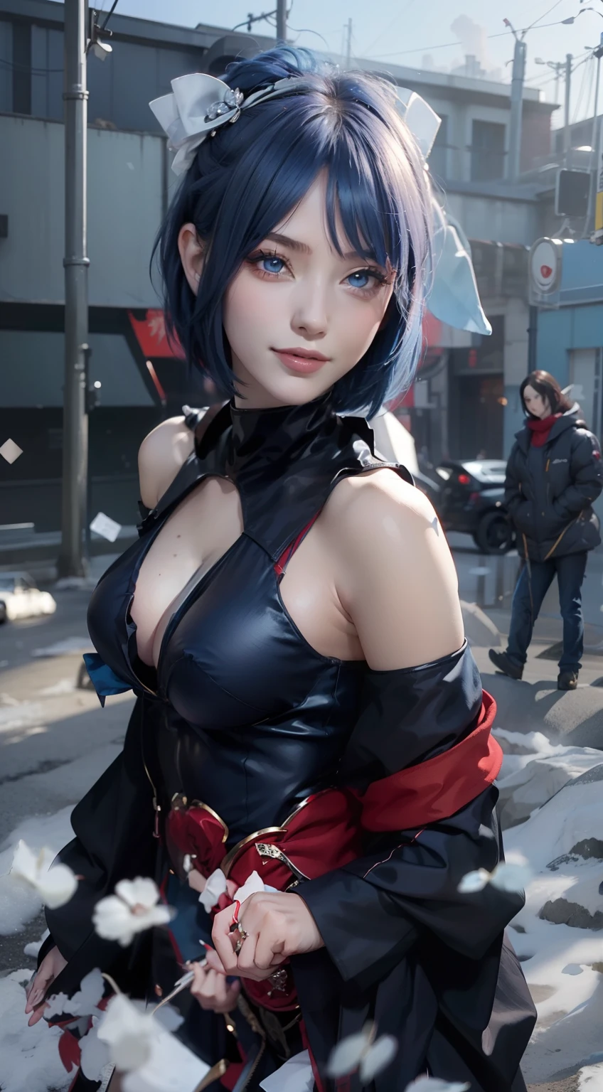 1girl, konan aktasuki, short hair, sexy dress, blue hair, blue eyes, smile, beautiful, black and red clothes, very big breast, sexy clothes, outdoor background, ultra detail, realistic