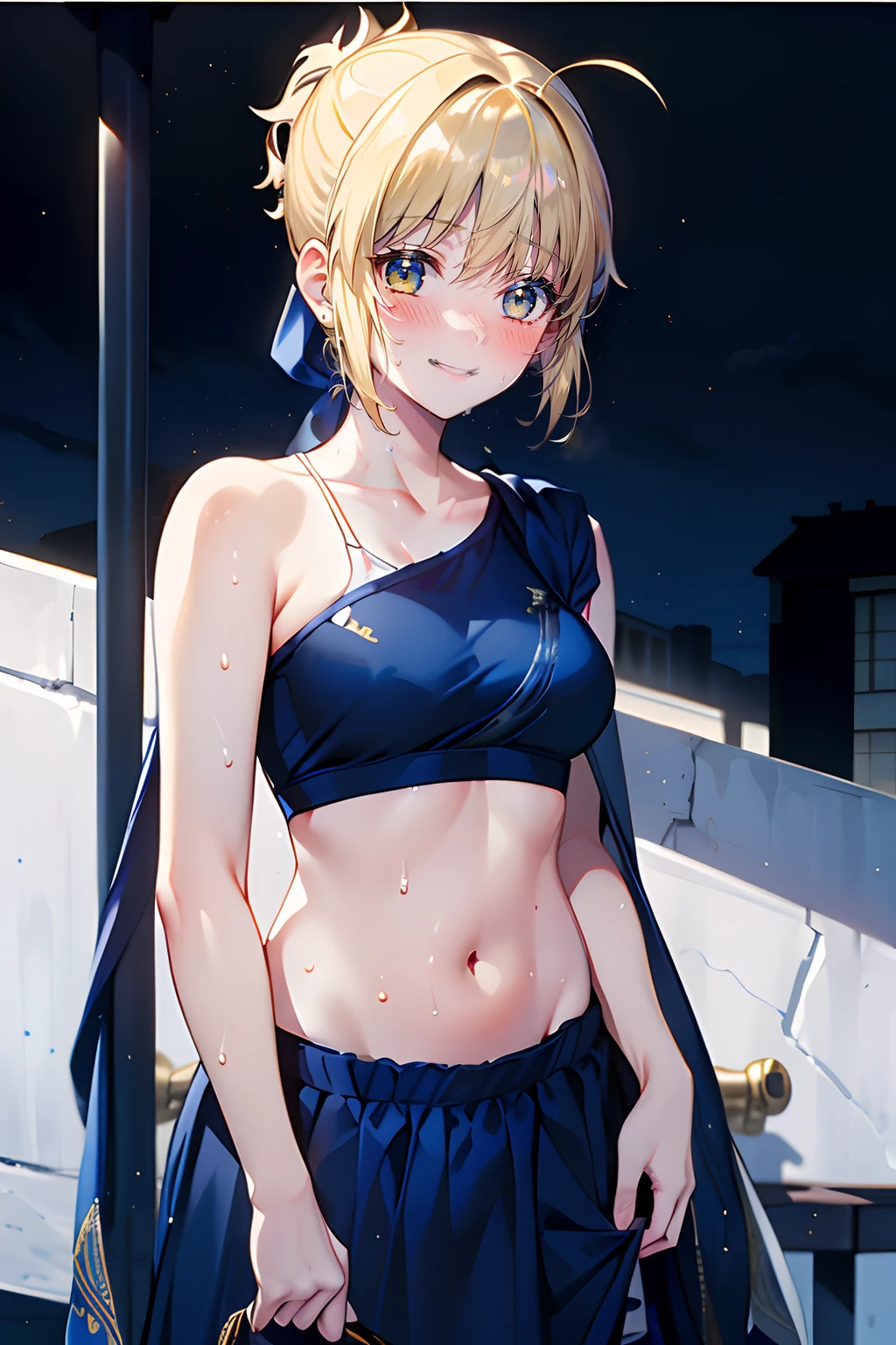 ((masterpiece)), (Saber), 1 girl, (Fate), sweaty, beautiful, (cute: 2.0), face extremely detailed, smiling, blush and embarrassed