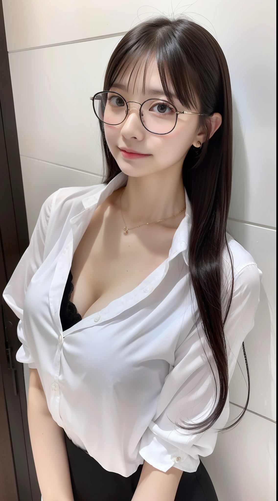 1girl in、Tight white shirt、Open the button、cleavage of the breast、Tight black mini skirt、Glasses with thin rimmes、Smooth long hair、Ahoge、kawaii、japanaese girl、、