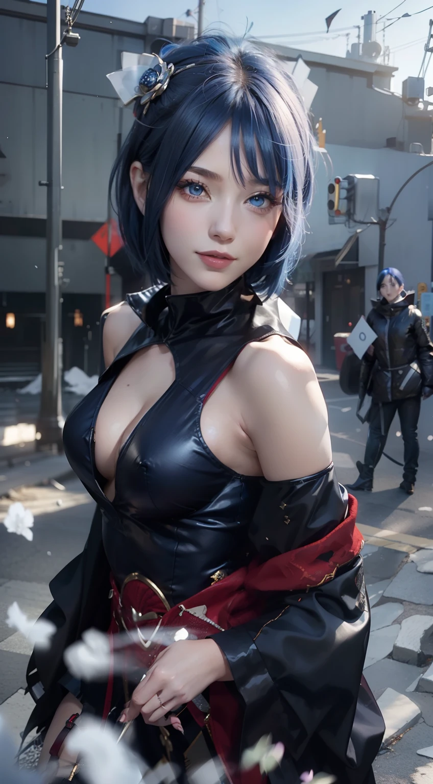 1girl, konan aktasuki, short hair, sexy dress, blue hair, blue eyes, smile, beautiful, black and red clothes, very big breast, sexy clothes, outdoor background, ultra detail, realistic