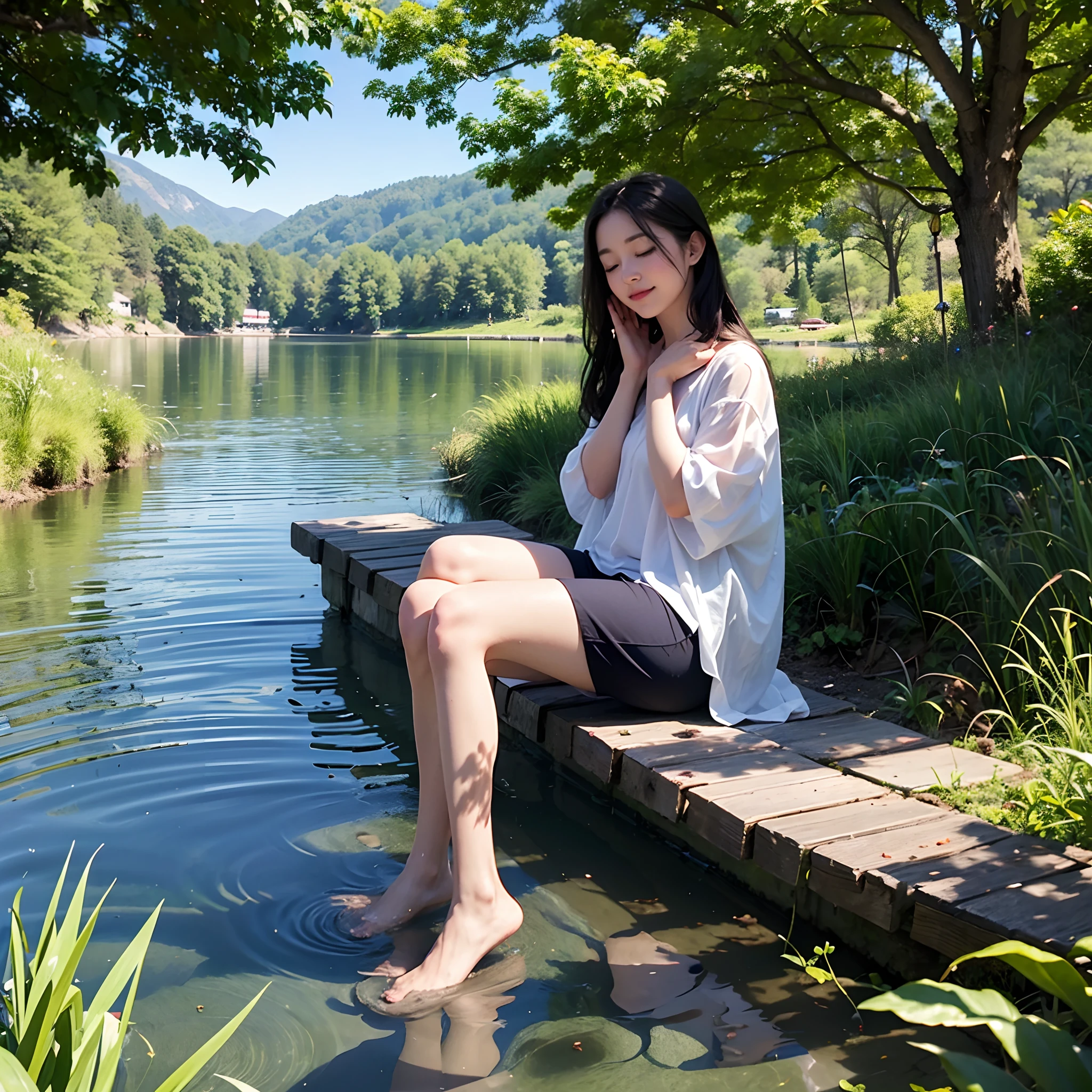 • A serene lake surrounded by rolling hills, the clear blue sky reflected in the water.
• The girl sits by the lake’s shore, practicing deep breaths with her eyes closed, a serene smile on her face.