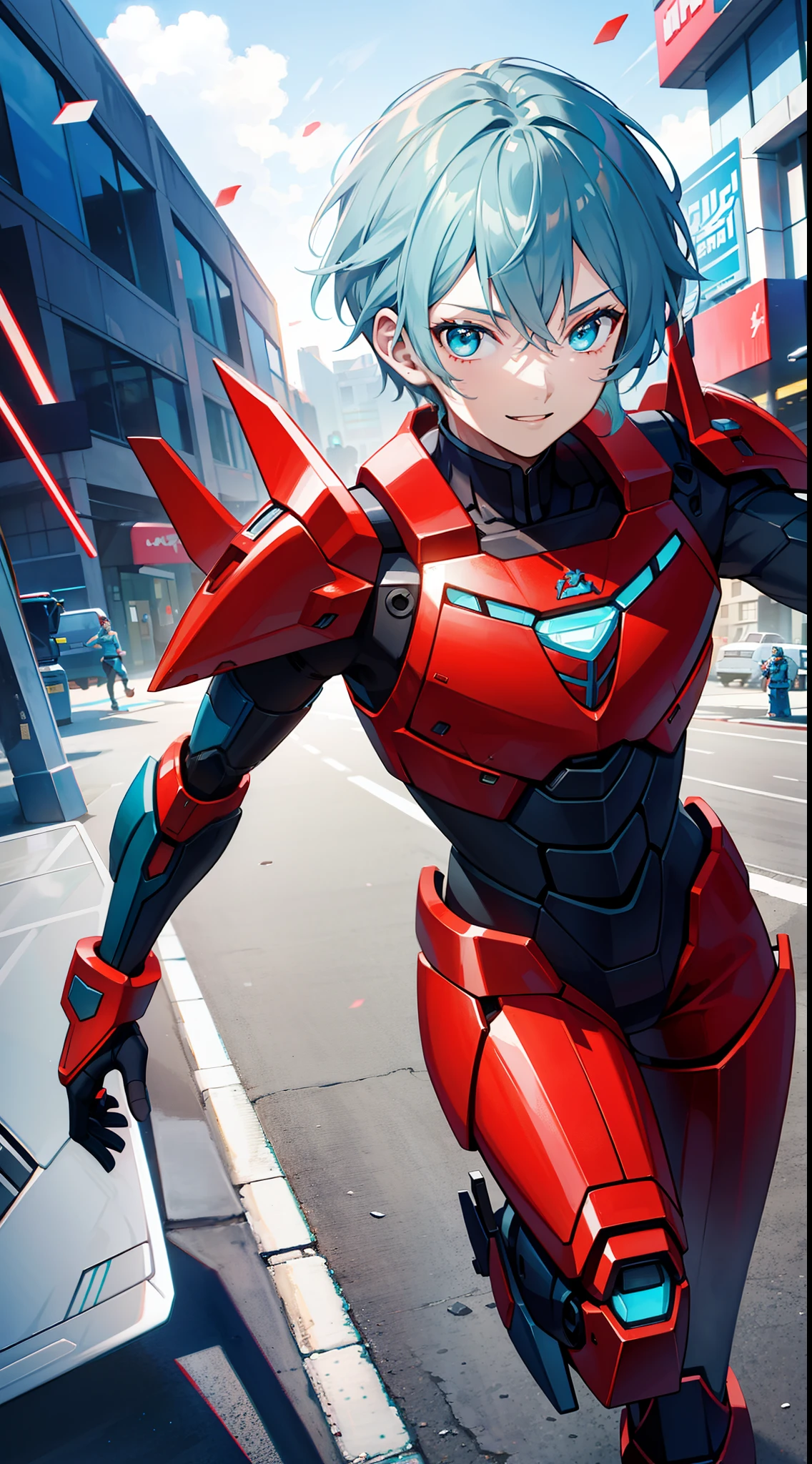 Young guy, short gray hair, Cyan eyes, Autobot's red armor, running, ssmile, Masterpiece, hiquality