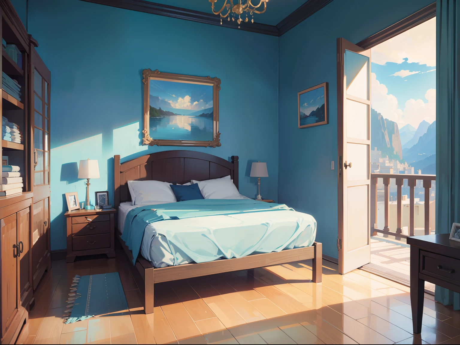 (masterpiece), (best quality), ultra high res, sharp focus, baby blue shade tone, bedroom, detailed interior design, beautiful scenery, in the afternoon time