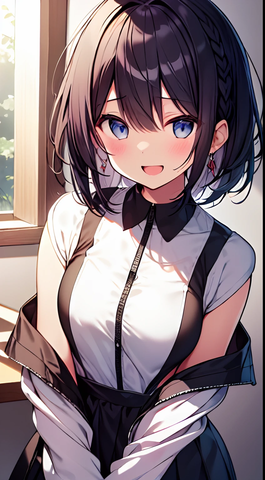 One woman of the highest quality, ultra-high resolution, wearing a sleeveless white button shirt and black skirt (with black choker), cute, Kpop idol style, (charming monkey 1), (puffy eyes), full body when viewed from the front, with beautiful eyes and short hair, looking for the place of the observer.