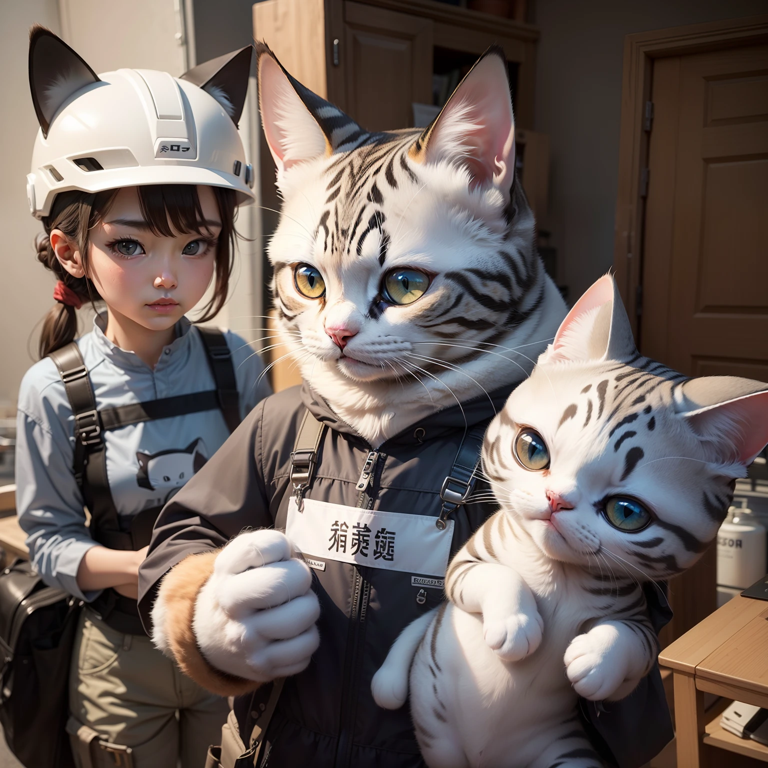 1cat、Anthropomorphic cat、femele、Please wear a white helmet、Unmotivated eyes、Gray hairs、Pointing check、good!