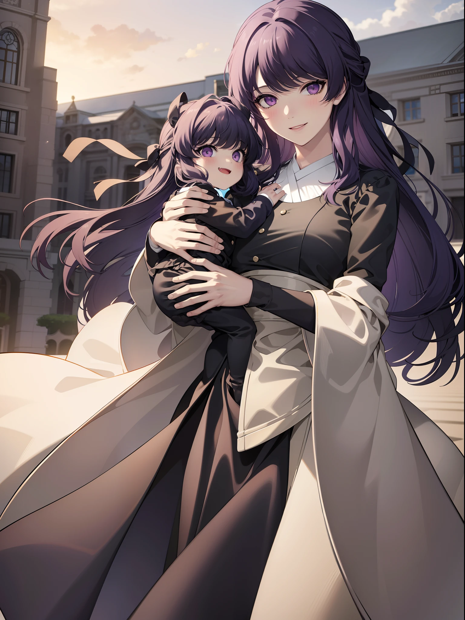 quality, masterpiece, highly detailed, 1girl, solo, long hair, dress, purple eyes, purple hair, Anastasia_Zelenska, blush, detailed face, smile, happy, proud, holding her baby offspring