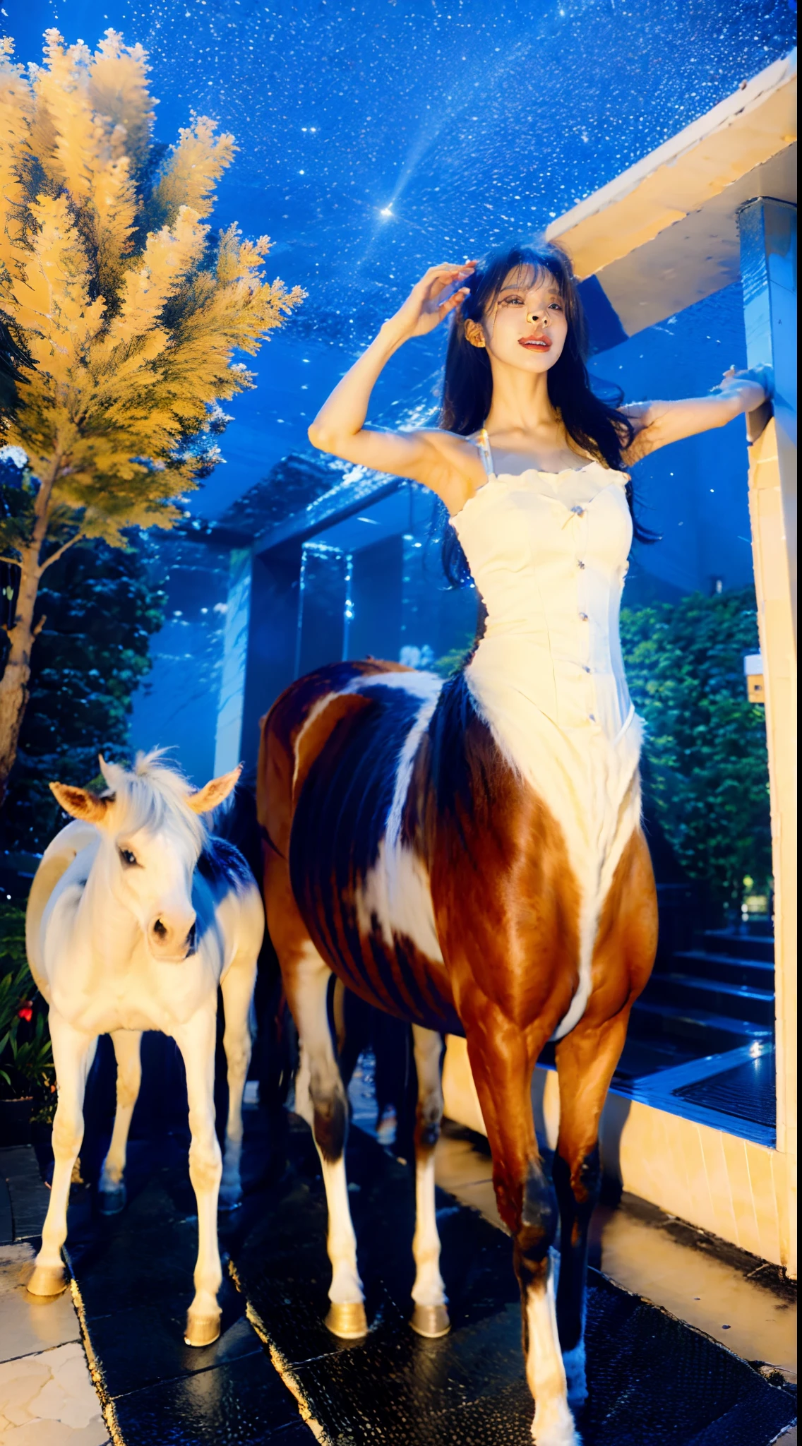 8 female centaurs，Ultra-grand scenes，super wide shot，1#centaur，The first is that the Light Casting Centaur from the Supreme Heaven has a rainbow aperture from the Supreme Heaven，She rides between light and pure，No additional ornaments are needed to highlight her dignity and holiness，Even the sky showed her a clear sky，She is deeply hostile to Centaur, a nightmare from hell，The two never put their heads next to each other。2#centaur，Surrounded by the sulphurous flames, the Hellmare Centaur makes every time a horse's hooves fall, it will step out of the flat grass from the lava from the ground。3#centaur，The wind wings of the wind fairy Centaur make its position erratic，She carries a cyan aperture lightly and always can't help but tease the mechanical horse。4#centaur，The mechanical centaur is full of mecha beauty，The shoulder back position always reveals delicate mechanical fittings，The four-hooves have a hydraulic pump and an electromagnetic ejection device。5#centaur，The unicorn Centaur wants to steal all the limelight from Centaurs with its pure and flawless beauty，Her unicorn flashed with the power of thunder。6#centaur，The dragon centaur is compared to the unicorn centaur，Dragon Centaur was covered in small stars shining with magical brilliance。7#centaur，The female knight Centaur is charging in her knightly heavy armor，Her lofty ideals made her will unstoppable，There is no doubt that she is the protagonist of this picture。8#centaur，Tiflin Centaur from uncharted territory，She blends in and has a weird style and chaotic colors that are almost unimaginable，Her presence makes the whole picture extremely dangerously uncertain，The slightest mistake can confuse the colors around her。Eight extremely special and rare centaurs surround each other，Like a clock, it galloped on the grassland like a torrent and ran forward。The vast plains of the epic scene are rich in aquatic plants，On the distant horizon is the snow-capped summit of Mount Everest，Snow creek flows into the sea，At