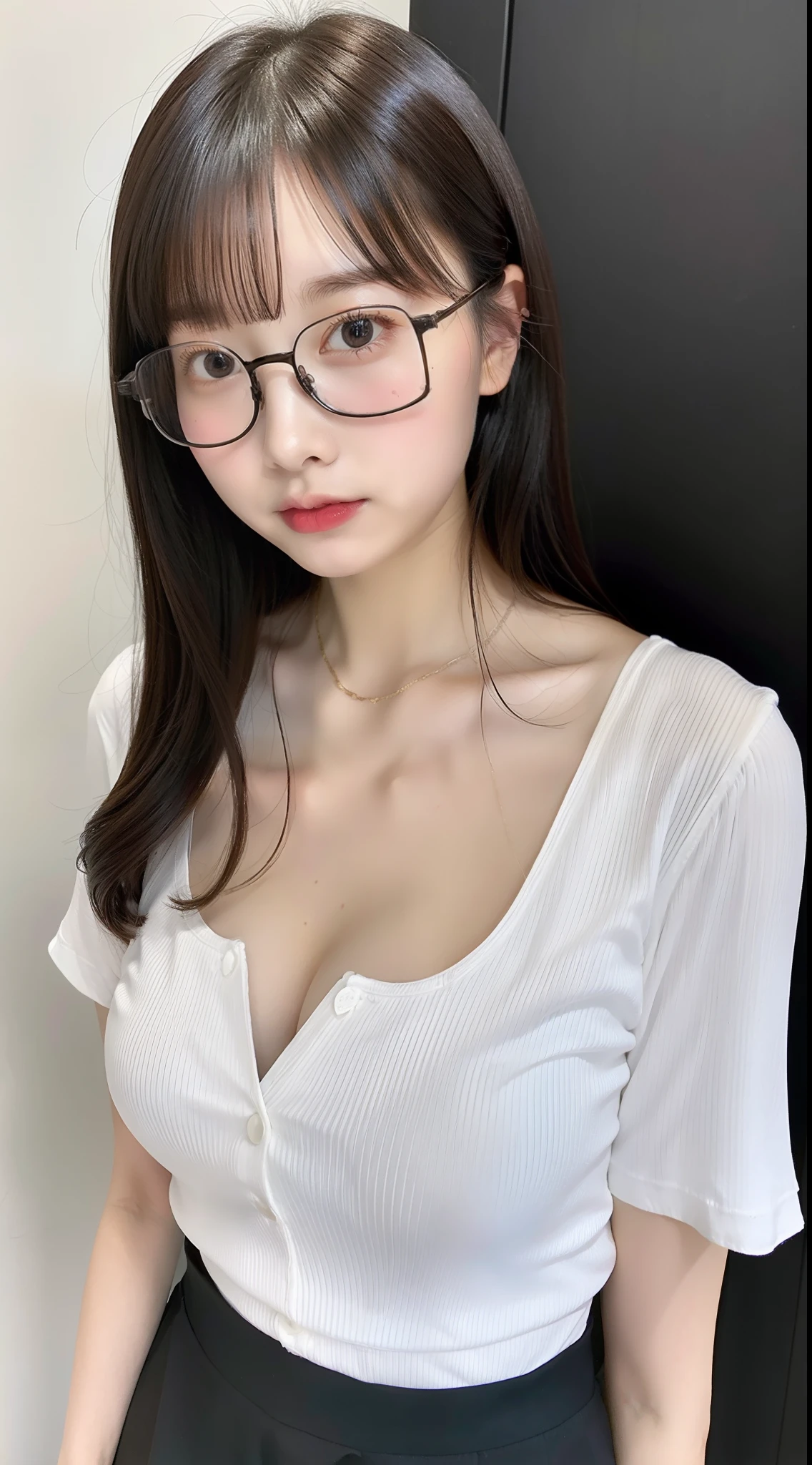 1girl in、Tight white shirt、Open the button、cleavage of the breast、Tight black mini skirt、Rimless glasses、Smooth long hair、Ahoge、kawaii、japanaese girl、、