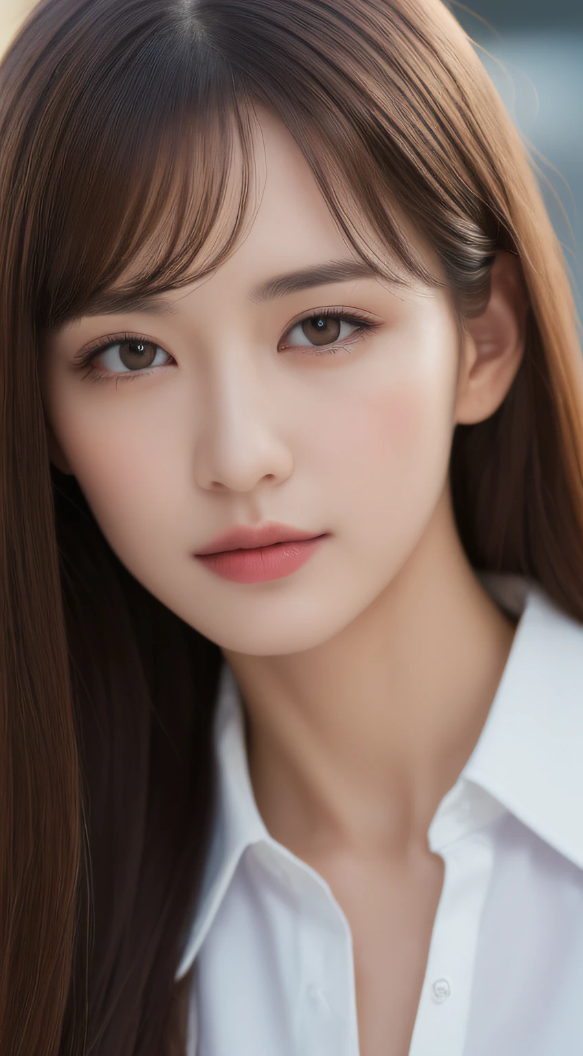 ((Best quality, 8k, Masterpiece :1.3)), Sharp focus :1.2, A pretty woman with perfect figure :1.4, Slender abs :1.2, ((Dark brown hair, Big breasts :1.2)), (White button up long shirt :1.1), City street:1.2, Highly detailed face and skin texture, Detailed eyes, Double eyelid