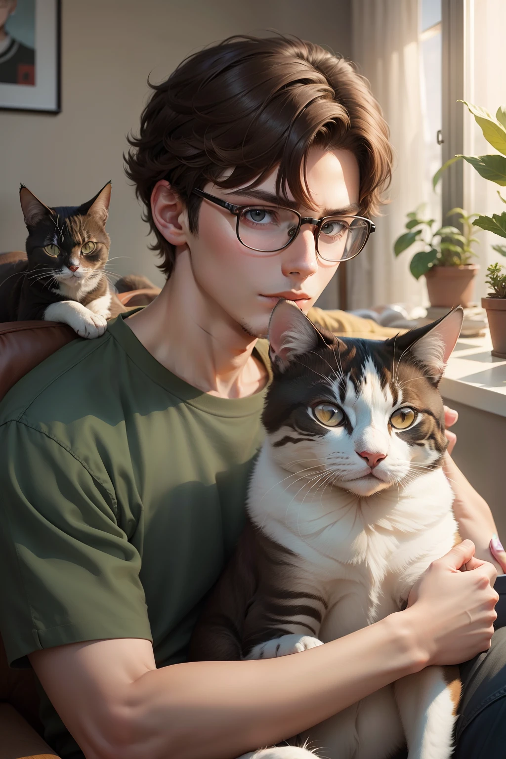 An 18-year-old man with brown hair with glasses with his cat，head portrait