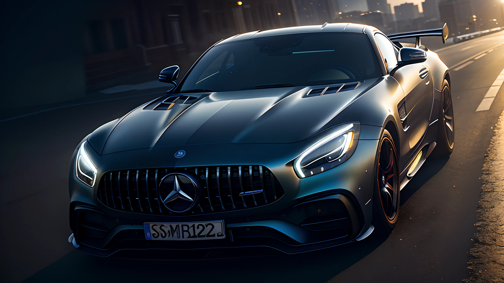 Mercedes benz-amg GTR, standing still, in a city in the morning, masterpiece, best quality, high quality, realistic lighting, cinematic lighting, high resolution, sharp, in focus, (intricate details:0.9), (hdr, hyperdetailed:1.2)