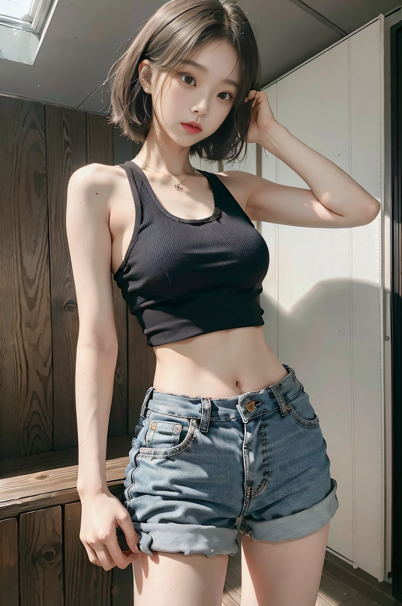 Top image quality、Raw photography、超A high resolution、An 18-year-old woman、Shooting for one person only、modelshoot、round breast、cleavage of the breast、Summery clothes、Beautiful Eyes of Details、very elongated eyes、Beautiful eyelashes、Beautiful double eyelids、Black walls、very slender legs、Shorthair with light brown hair、very slender physique、Very small buttocks
