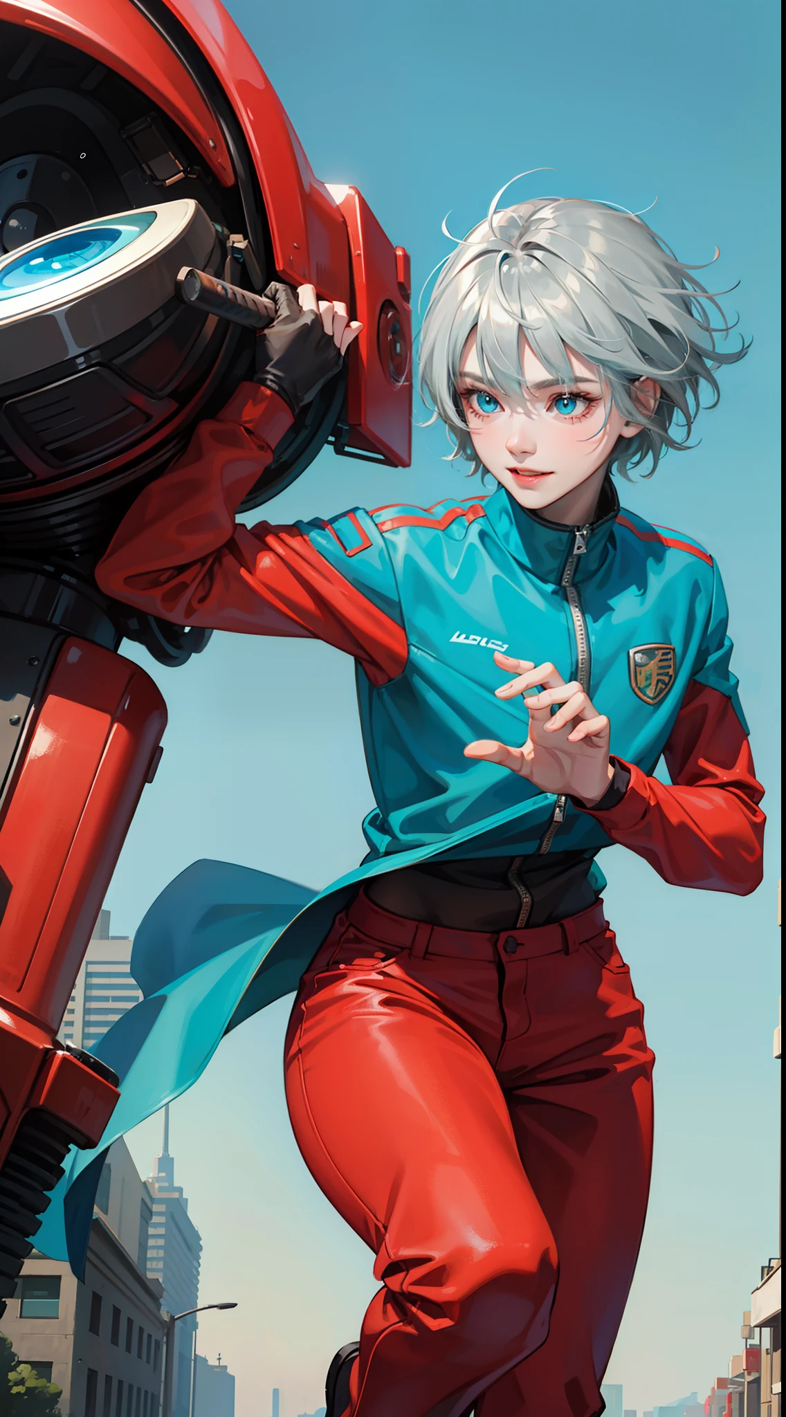 Young guy, short gray hair, Cyan eyes, Autobot's red armor, running, ssmile, Masterpiece, hiquality