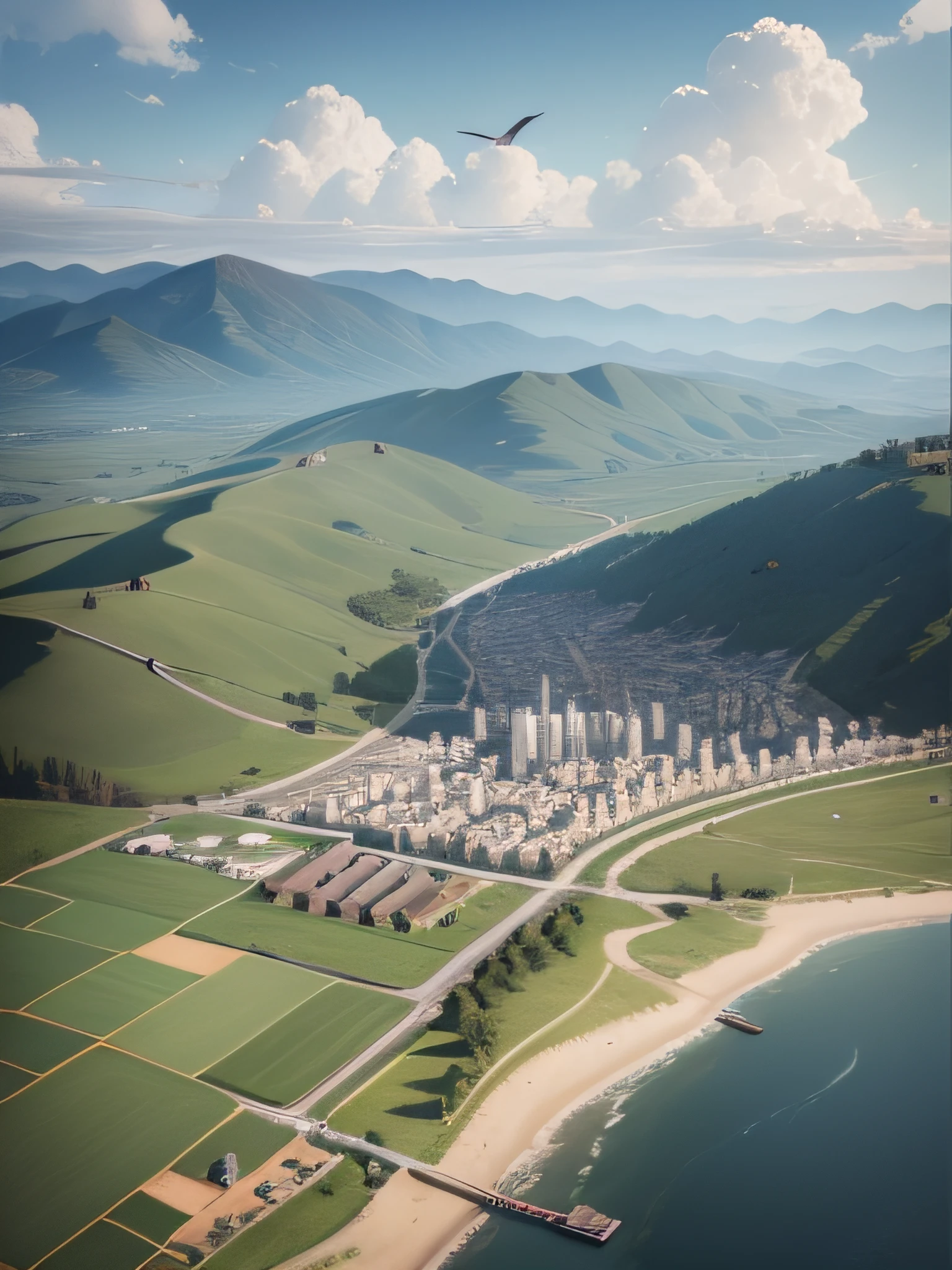 Real shooting，Top view of the factory，Top view of the town，township，bird's eyes view，Neat planning，High-quality shooting，Real details，High quality detailing，8K，Multi-cloud environments，overcast day