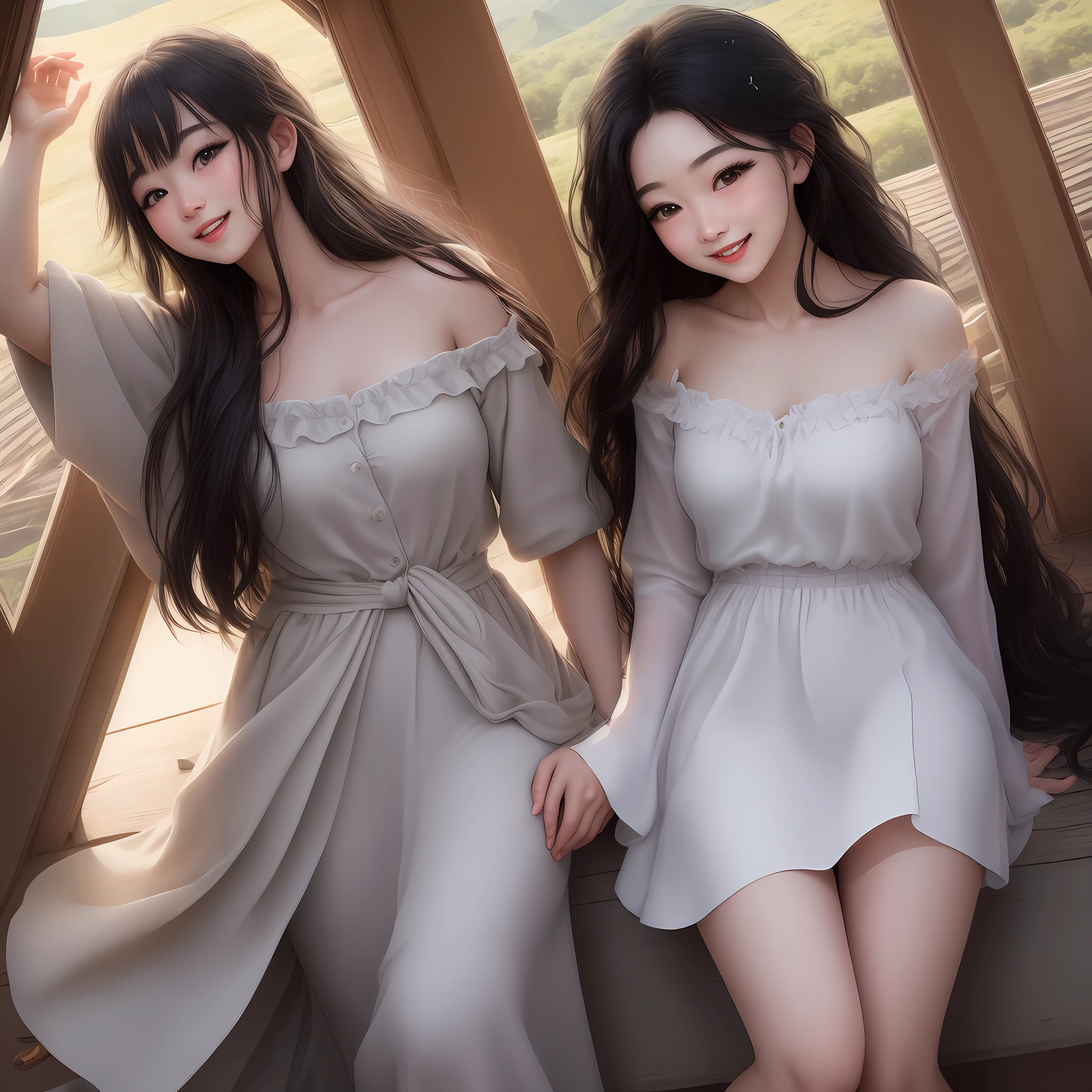 (in 8K、 Raw photography、top-quality,、hight resolution),、(hyper realisitic)、(realisitic),、Soft light、、girl with、Lifelike face、Realistic body、real looking skin、absurderes、masterpiece、Cuties、独奏、Innocent eyes、blusher、Cinema Lights、cherry colored lips、The hair 、a closeup、looking at viewert、 Open lips,、Upper teeth,、(Smiling eyes:0.6)、eyes focus、professionally lit、CG Social Trends、Plastic En、((Black Long Hair))、((Beautuful Women))、(A smile)、Fashionable、(A sexy)、Hair that flutters in the wind、((Flowing hair))、Happy -、fashion magazine、((lighting like a movie))、(the woods)、((mountain hut))、the morning sun、
