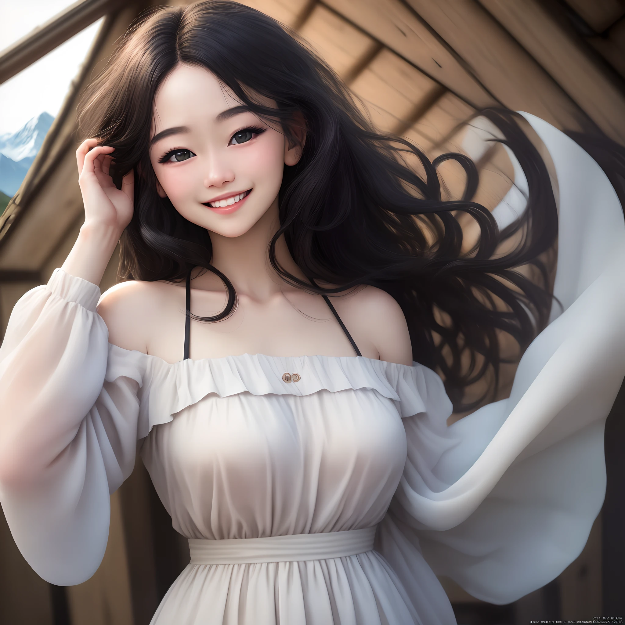 (in 8K、 Raw photography、top-quality,、hight resolution),、(hyper realisitic)、(realisitic),、Soft light、、girl with、Lifelike face、Realistic body、real looking skin、absurderes、masterpiece、Cuties、独奏、Innocent eyes、blusher、Cinema Lights、cherry colored lips、The hair 、a closeup、looking at viewert、 Open lips,、Upper teeth,、(Smiling eyes:0.6)、eyes focus、professionally lit、CG Social Trends、Plastic En、((Black Long Hair))、((Beautuful Women))、(A smile)、Fashionable、(A sexy)、Hair that flutters in the wind、((Flowing hair))、Happy -、fashion magazine、((lighting like a movie))、(the woods)、((mountain hut))、the morning sun、