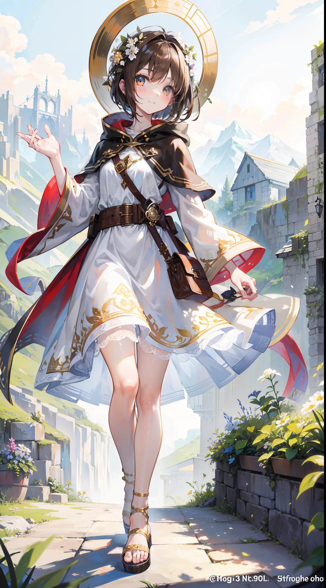 Beautiful girl with brown hair，Wear a white hooded tunic，Brown cape，Bare legged，Wear a circle of flowers and plants on your head，short detailed hair，Wear white hairpins，Stand among the sunny mountains and forests，With a bright and healing smile，Reach for the camera，Brown high-heeled sandals，Ruddy complexion，one eye wink，Wear a large bow on your head，Best quality at best，tmasterpiece