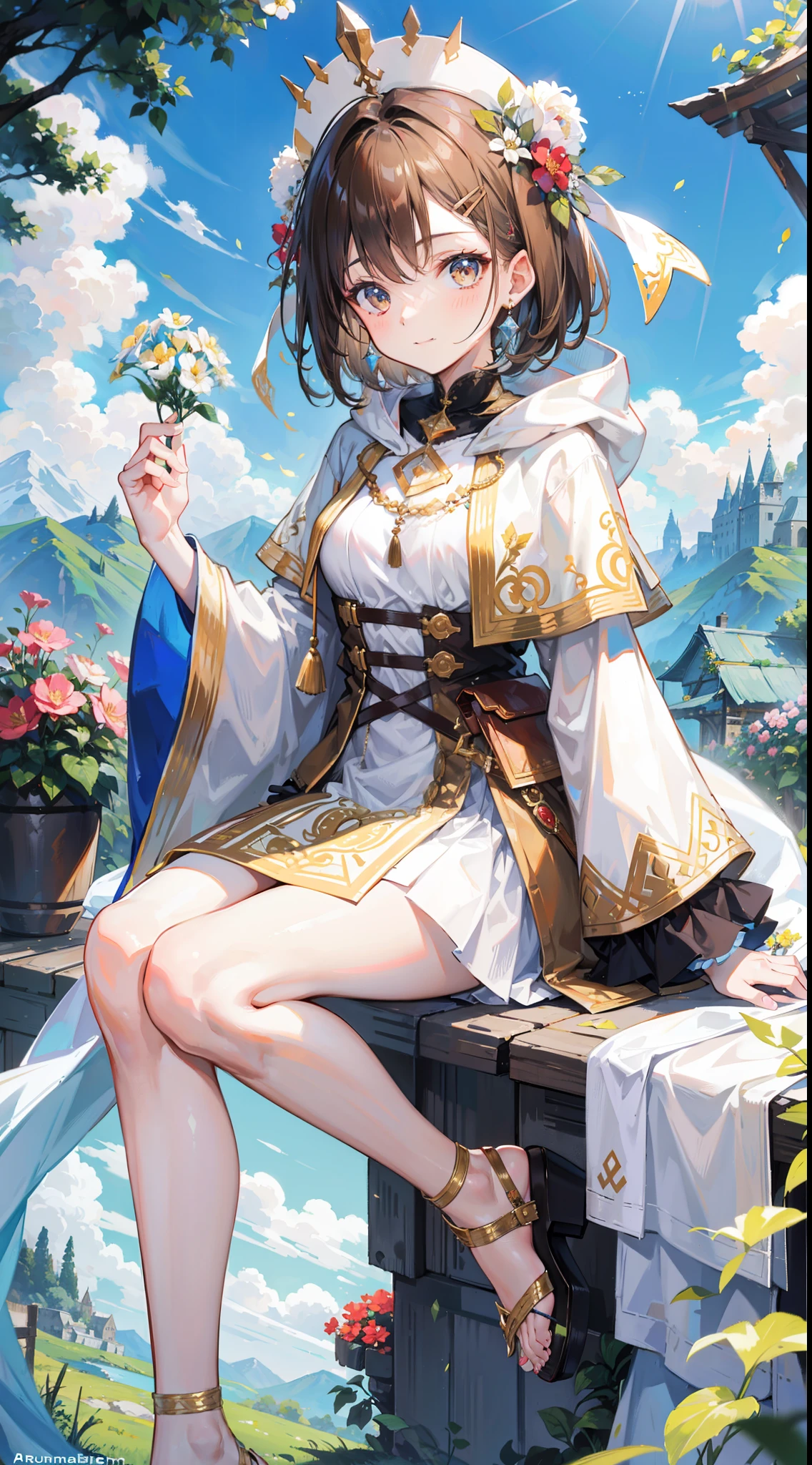 Beautiful girl with brown hair,Wear a white hooded tunic,Brown cape,Bare legged,Wear a circle of flowers and plants on your head,short detailed hair,Wear white hairpins,Stand among the sunny mountains and forests,With a bright and healing smile,Reach for the camera,Brown high-heeled sandals,Ruddy complexion,one eye wink,Wear a large bow on your head,Best quality at best,tmasterpiece