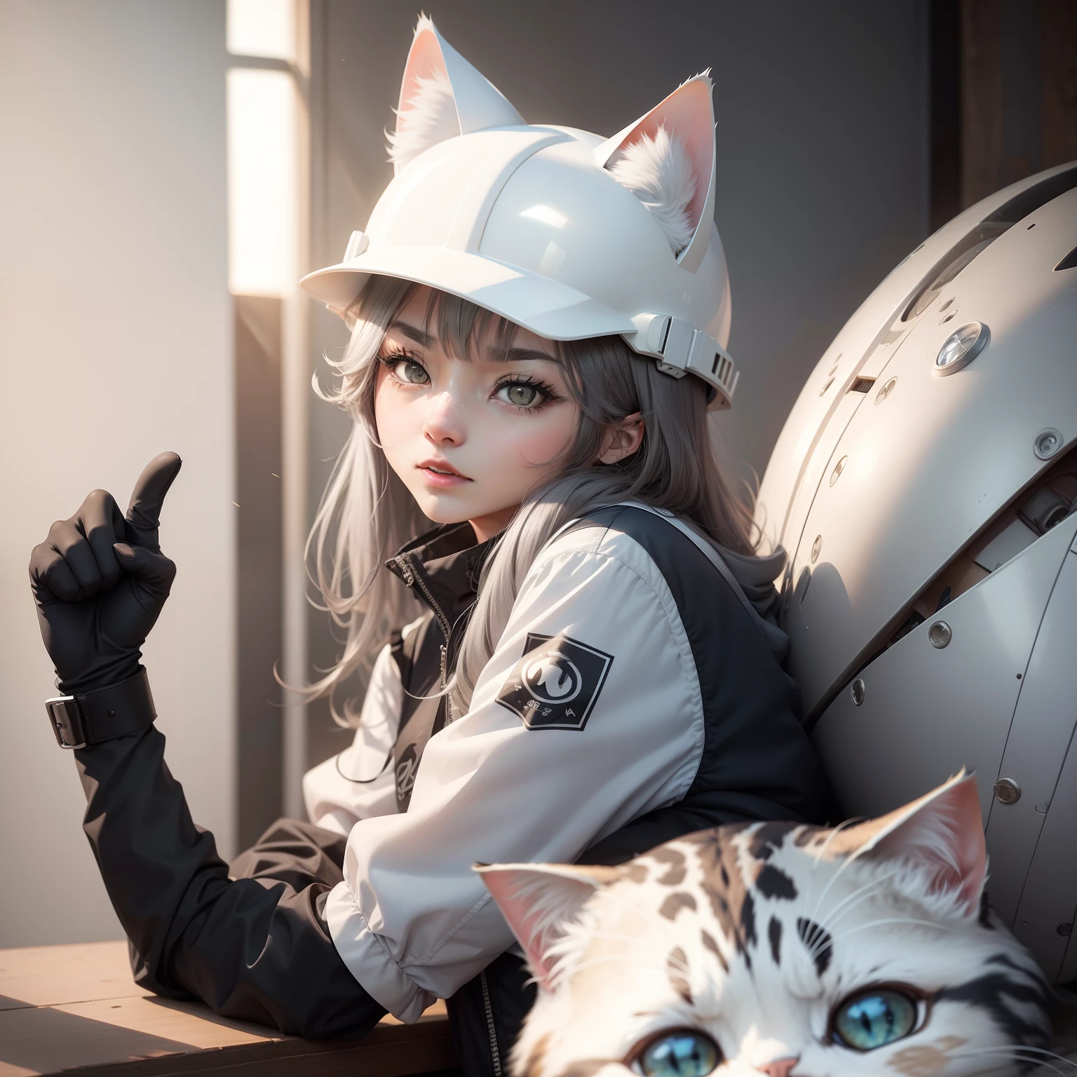 1cat、Anthropomorphic female cat、Female cat、glamor、Please wear a white helmet、Unmotivated eyes、Gray hairs、Pointing check、good!