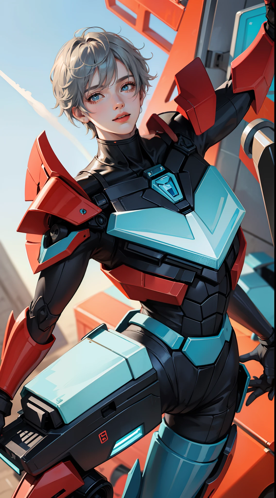 Young guy, short gray hair, Cyan eyes, Autobot's red armor, running, ssmile, Masterpiece, hiquality