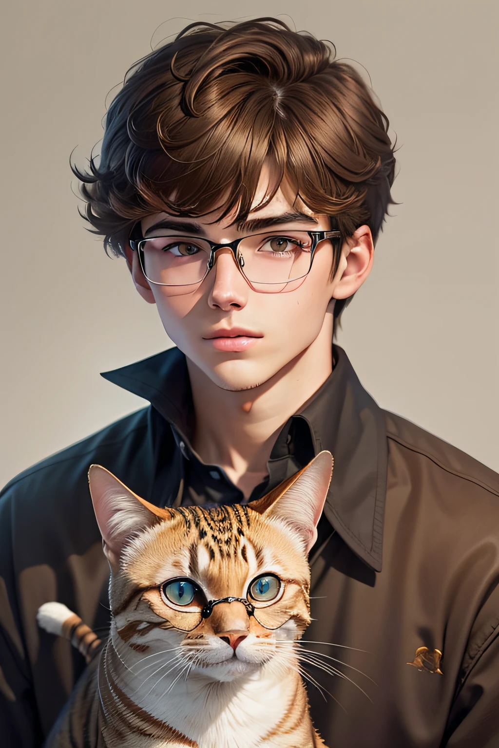 An 18-year-old man with brown hair with glasses with his short cat，head portrait