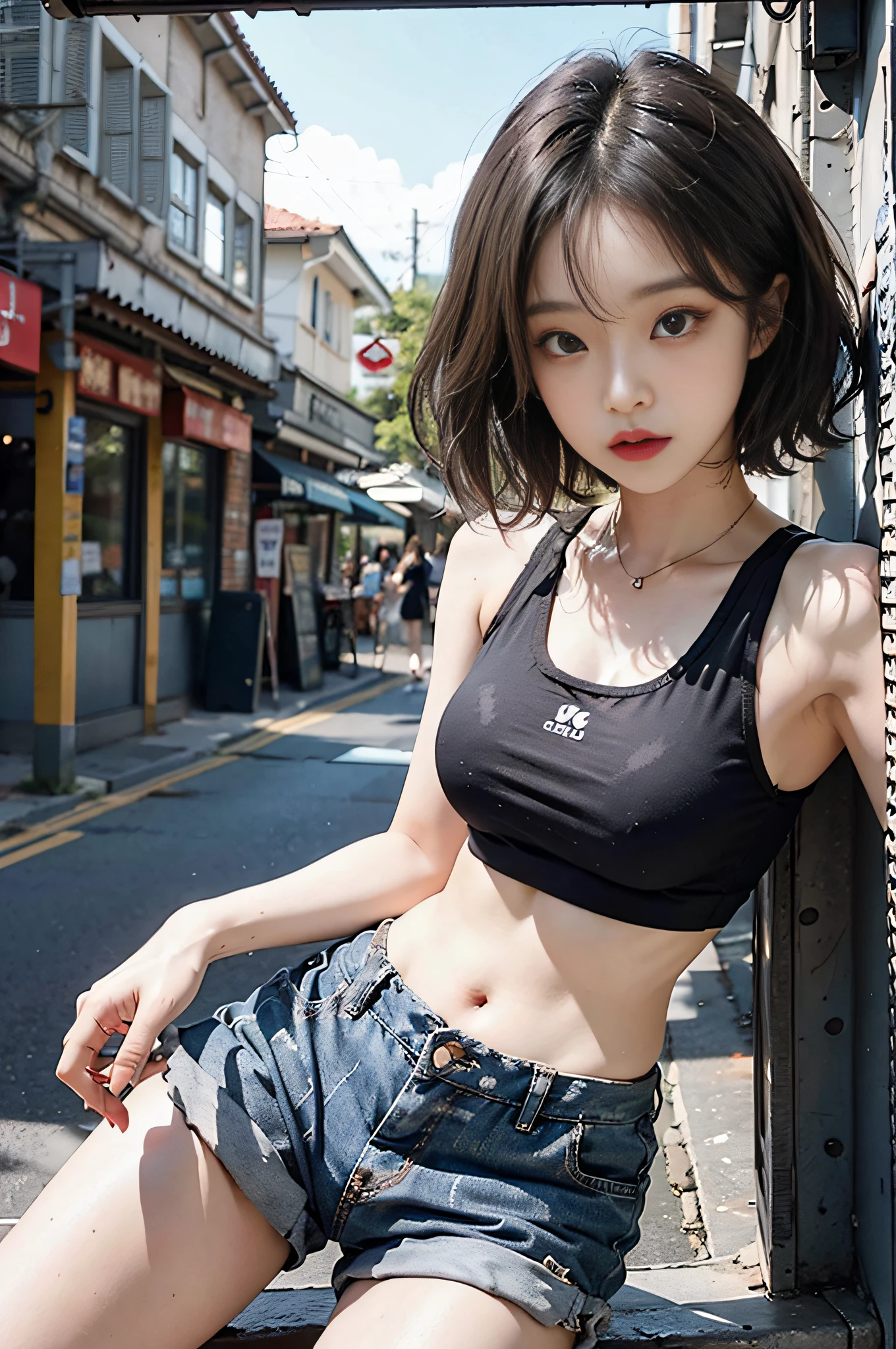 Top image quality、Raw photography、超A high resolution、Cute girl at 18 years old、Shooting for one person only、round breast、Black tank top、short trousers of black color、Beautiful Eyes of Details、very elongated eyes、Beautiful eyelashes、Beautiful double eyelids、white walls、Beautiful waist、very slender legs、a short bob、very slender physique