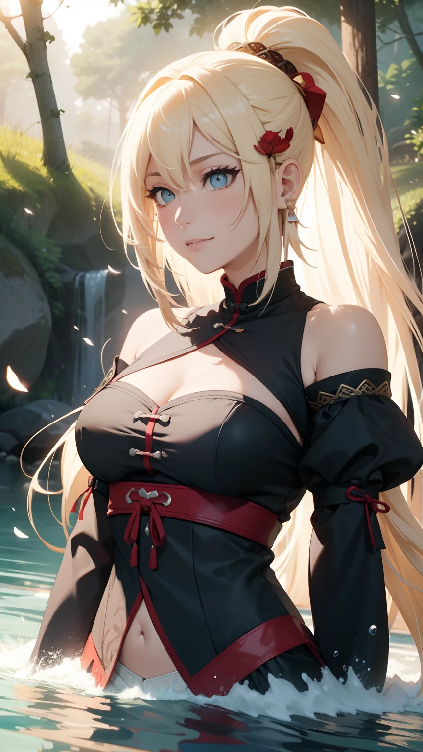 "the Extremely Detailed CG Unity 8K Wallpapers,tmasterpiece,Best picture quality,【😊Colored Forest,depth of fields,A large number of splashed droplets:1.2,petals,Toys surround,ventania,Foliage,grassy fields,volumettic light】blond hairbl,Be red in the face,ssmile,Half of your body is in water,Qin Shi Mingyue's,Ino,Off-the-shoulder attire,Air bangs
