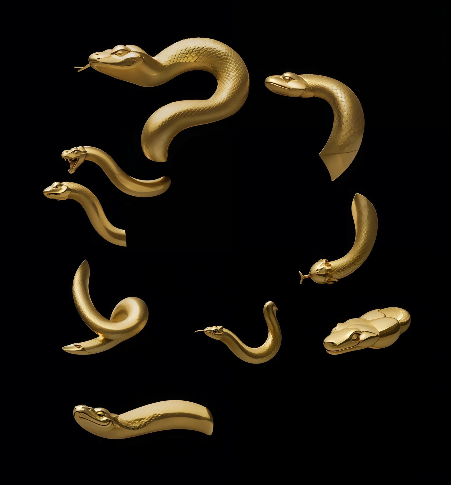 Golden statue of a snake's head，Dark gold，high light，statues，metals