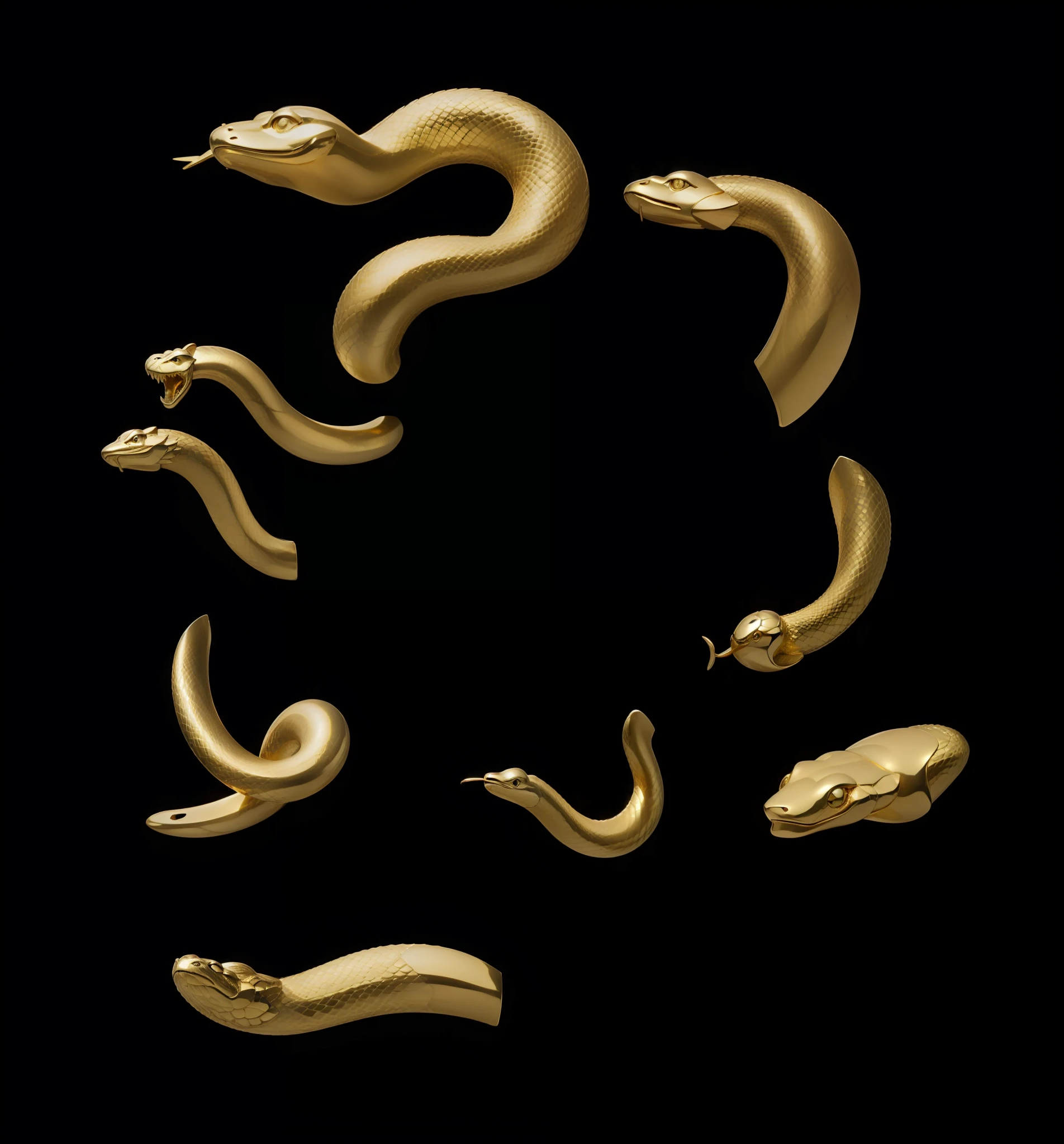 Golden statue of a snake's head，Dark gold，high light，statues，metals