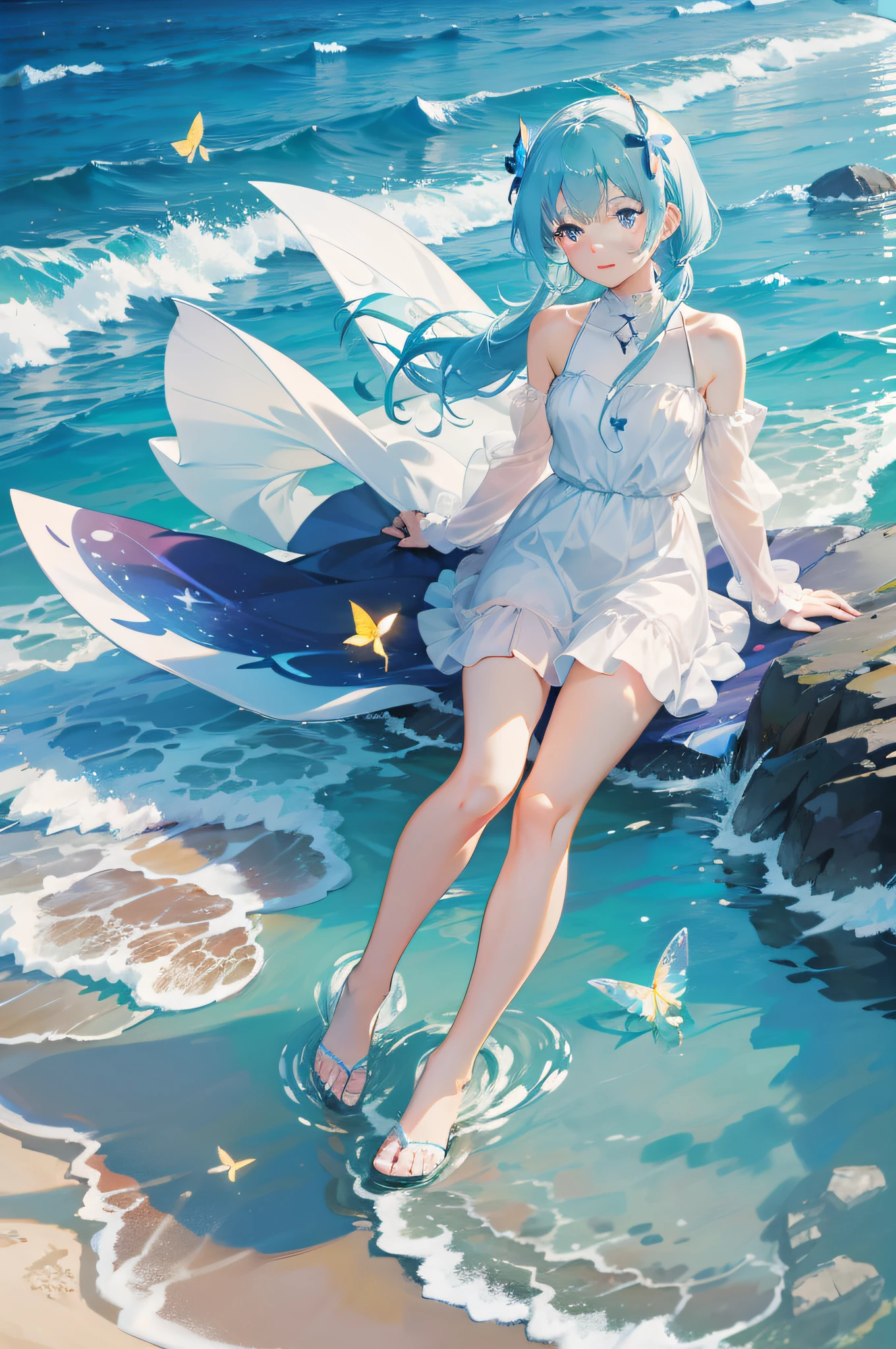 beachside，swell sea，glowworm，As estrelas，glowing butterflies，Hayao Miyazaki anime style