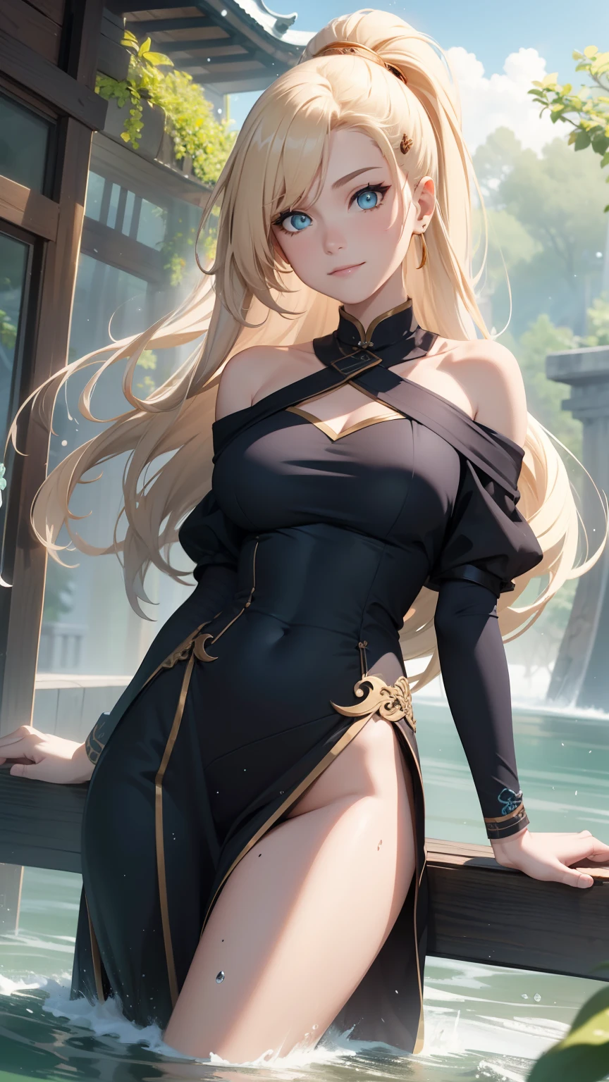 "the Extremely Detailed CG Unity 8K Wallpapers,tmasterpiece,Best picture quality,【😊Colored Forest,depth of fields,A large number of splashed droplets:1.2,petals,Toys surround,ventania,Foliage,grassy fields,volumettic light】blond hairbl,Be red in the face,ssmile,Half of your body is in water,Qin Shi Mingyue's,Ino,Off-the-shoulder attire,Air bangs