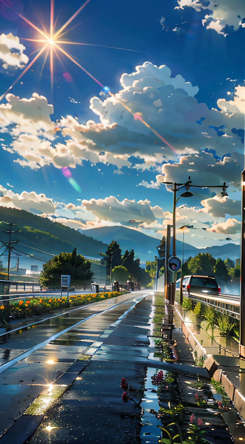 Plains, wide highways, flowers and trees in the middle and on both sides of the road, sunny and rainy, half rainy and half sunny, light shining through the clouds, raindrops in the air, mountains in the distance, vegetation on the mountains