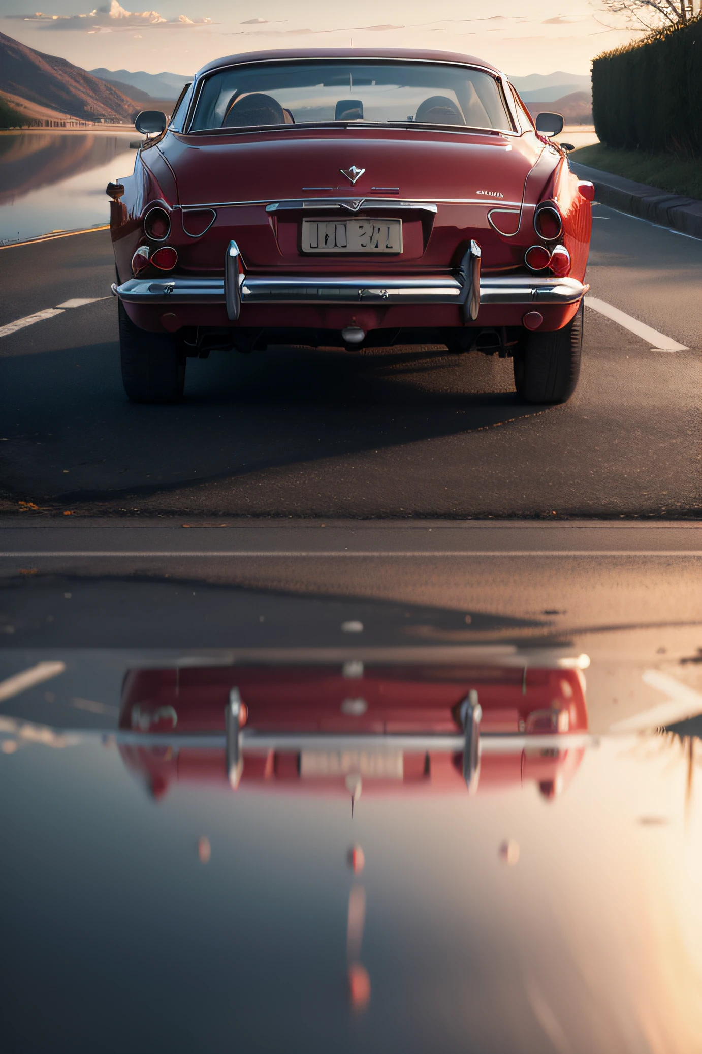 Valentine's Day，Red car，by lake，Rear of the car，Texture，Cinematic texture，Reflective，(Look at the car from behind)