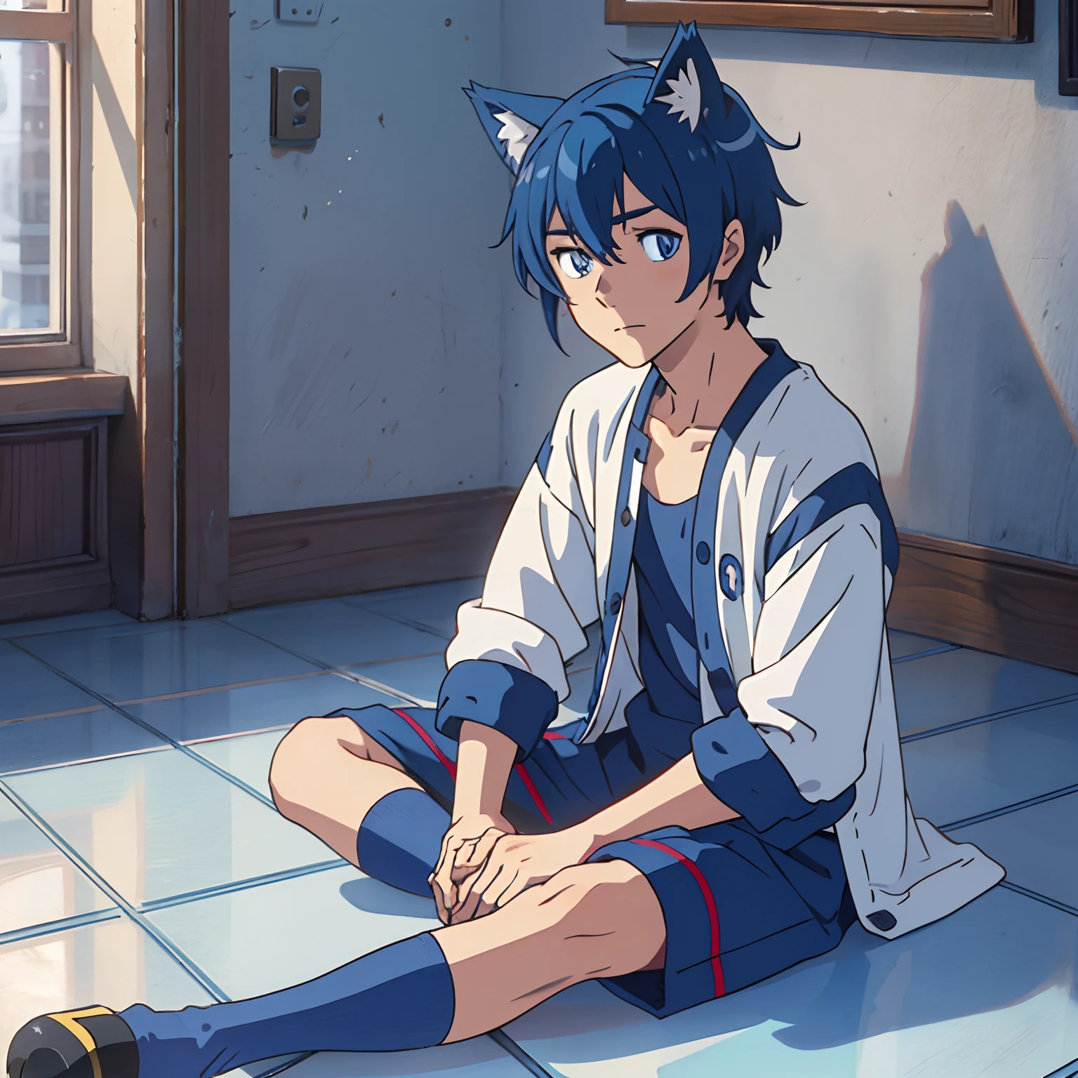 Anime male character blue-haired,There is a pair of blue cat ears on the head,Sit cross-legged on a pure white floor,Look up at the camera,Blue pupil,Confident eyes,Holding a rag doll in his hand